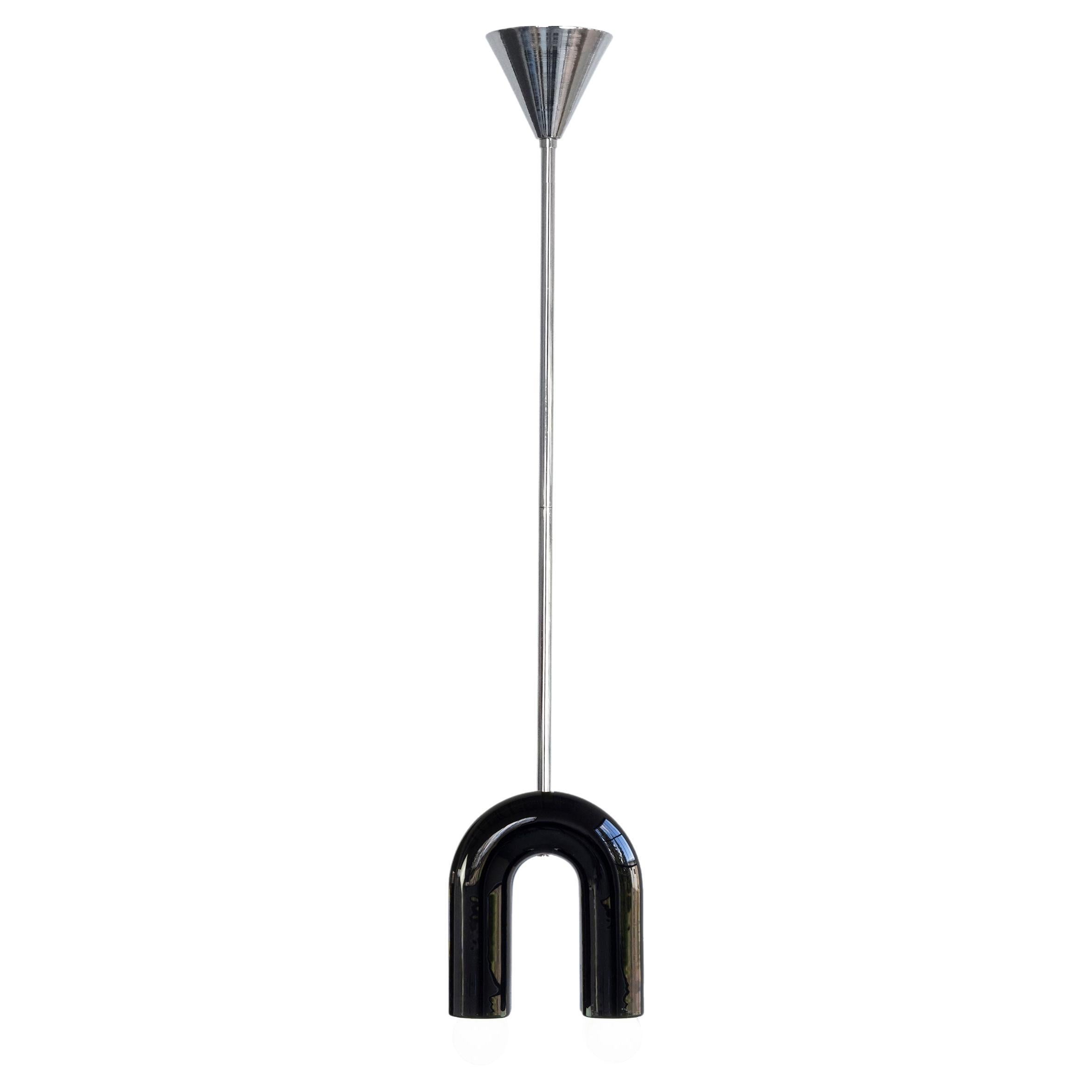 Ceramic Pendant Lamp 'TRN A1' by Pani Jurek, Chrome Rod, Black 