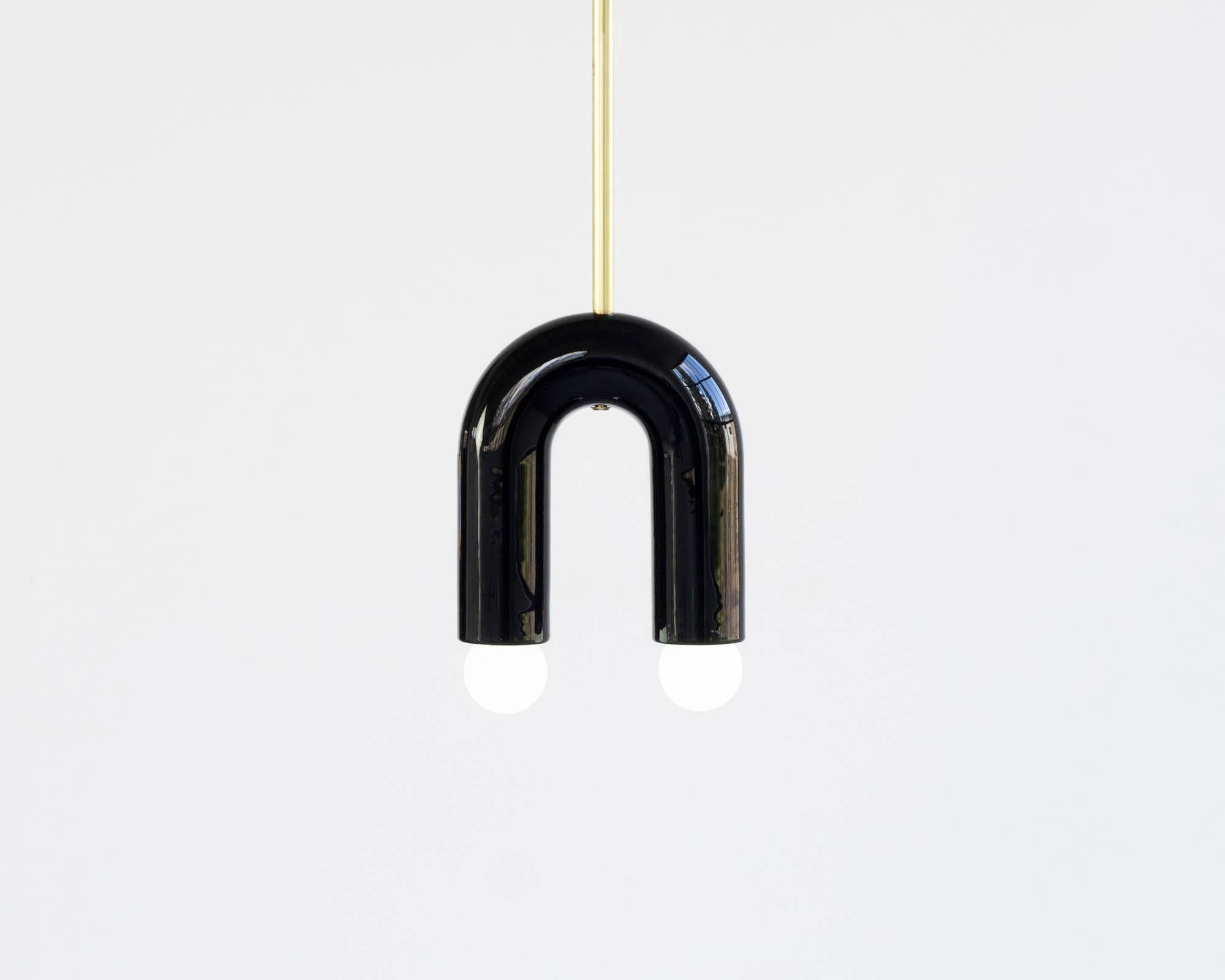 TRN A1 Pendant lamp / ceiling lamp / chandelier
Designer: Pani Jurek

Dimensions: H 17.5 x 15 x 5 cm
Model shown: Yellow

Bulb (not included): E27/E26, compatible with US electric system

Materials: Hand glazed ceramic and brass
Rod: brass, length