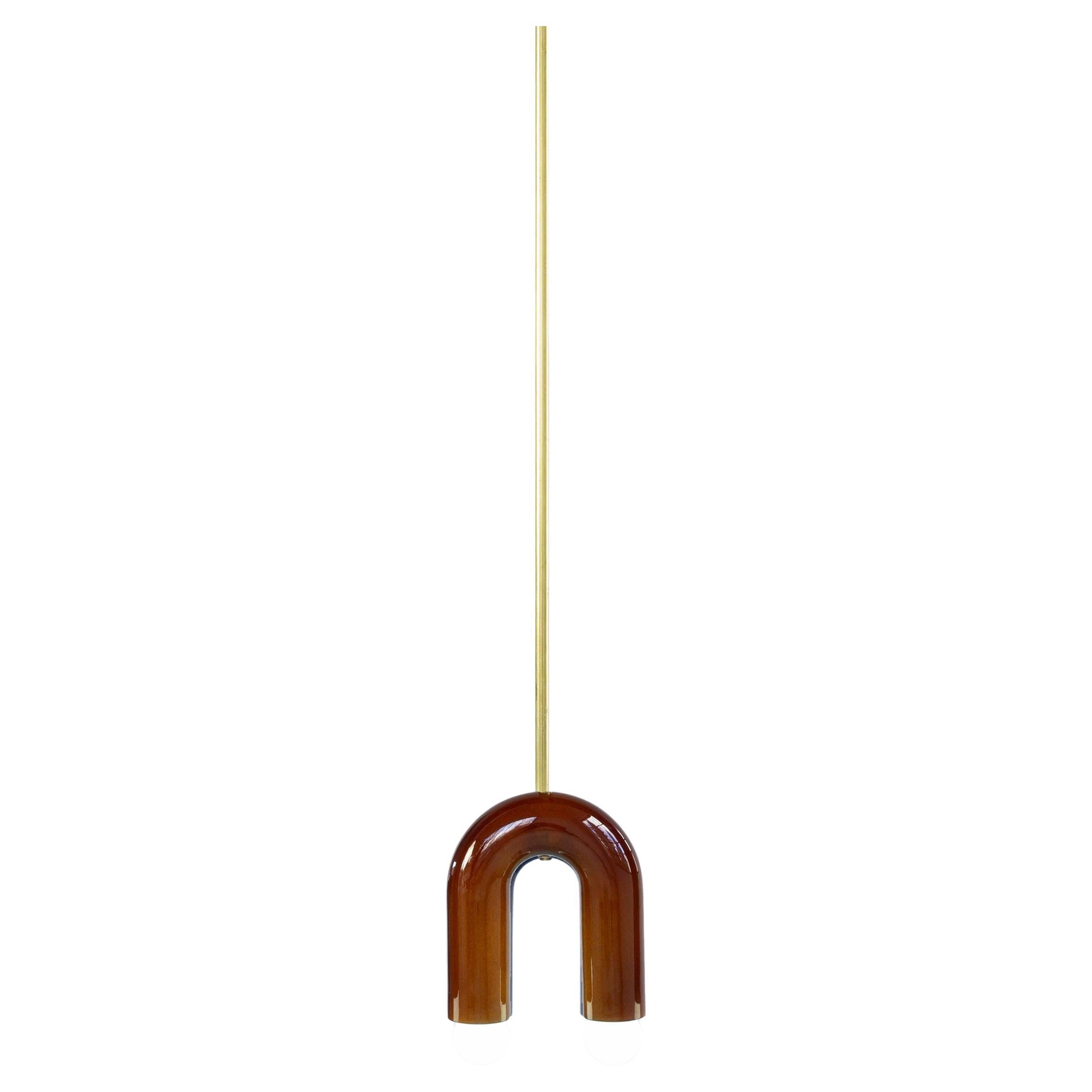 Ceramic Pendant Lamp 'TRN A1' by Pani Jurek, Brass Rod, Brown For Sale