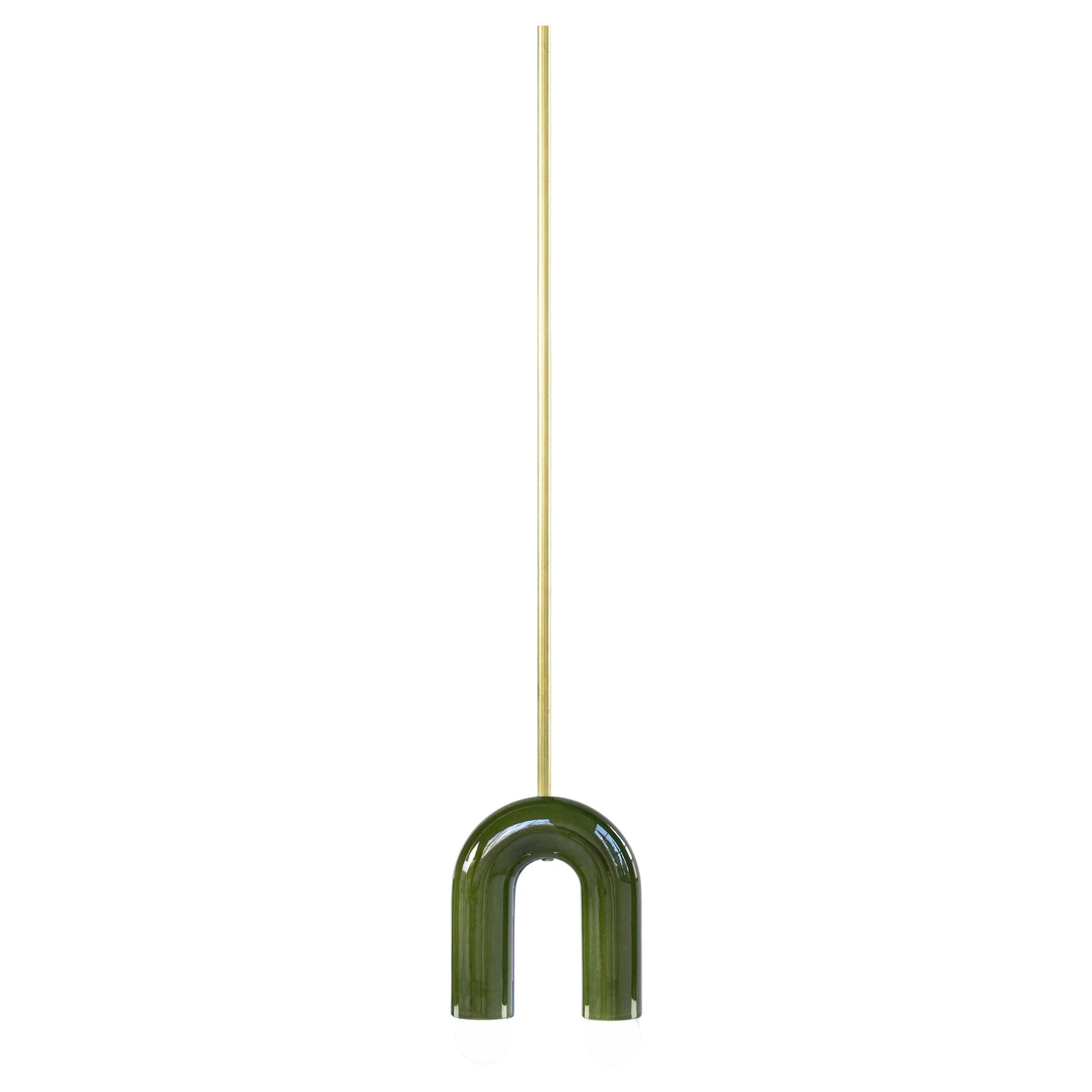 Ceramic Pendant Lamp 'TRN A1' by Pani Jurek, Brass Rod, Green For Sale