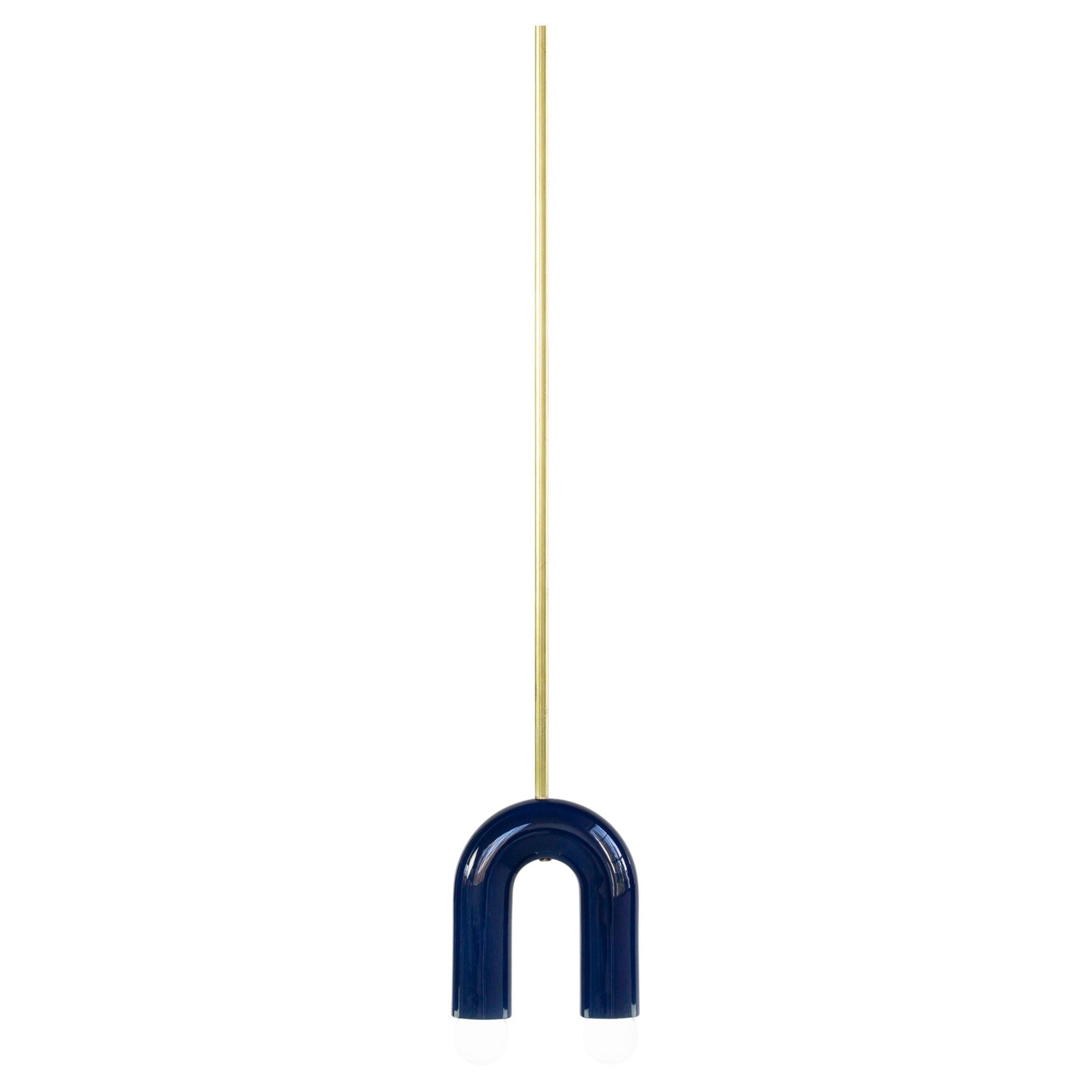 Ceramic Pendant Lamp 'TRN A1' by Pani Jurek, Brass Rod, Navy Blue For Sale