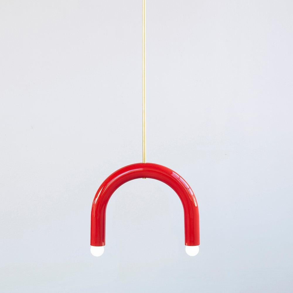 TRN B1 Pendant lamp / ceiling lamp / chandelier 
Designer: Pani Jurek

Dimensions: H 27.5 x 35 x 5 cm
Model shown: Red

Bulb (not included): E27/E26, compatible with US electric system

Materials: Hand glazed ceramic and brass
Rod: brass, length