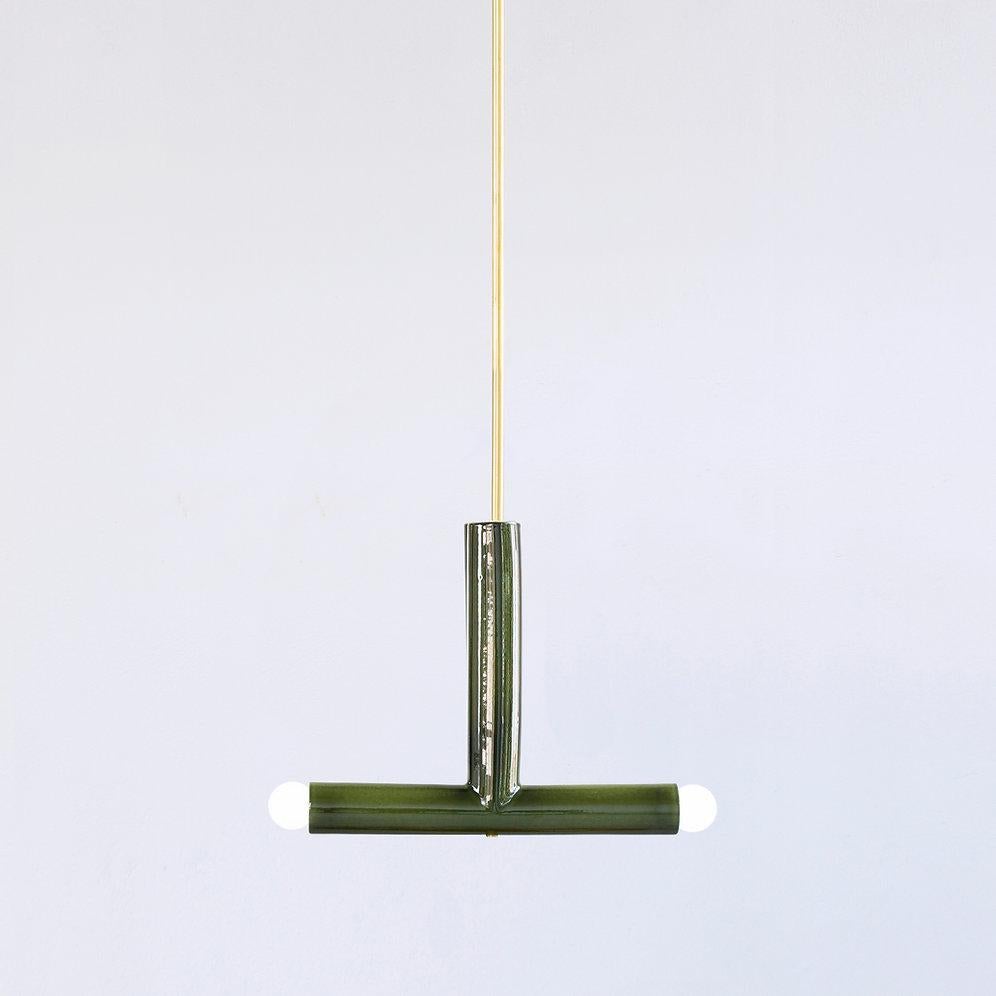 Ceramic Pendant Lamp 'TRN B2' by Pani Jurek, Brass Rod, Green For Sale 4
