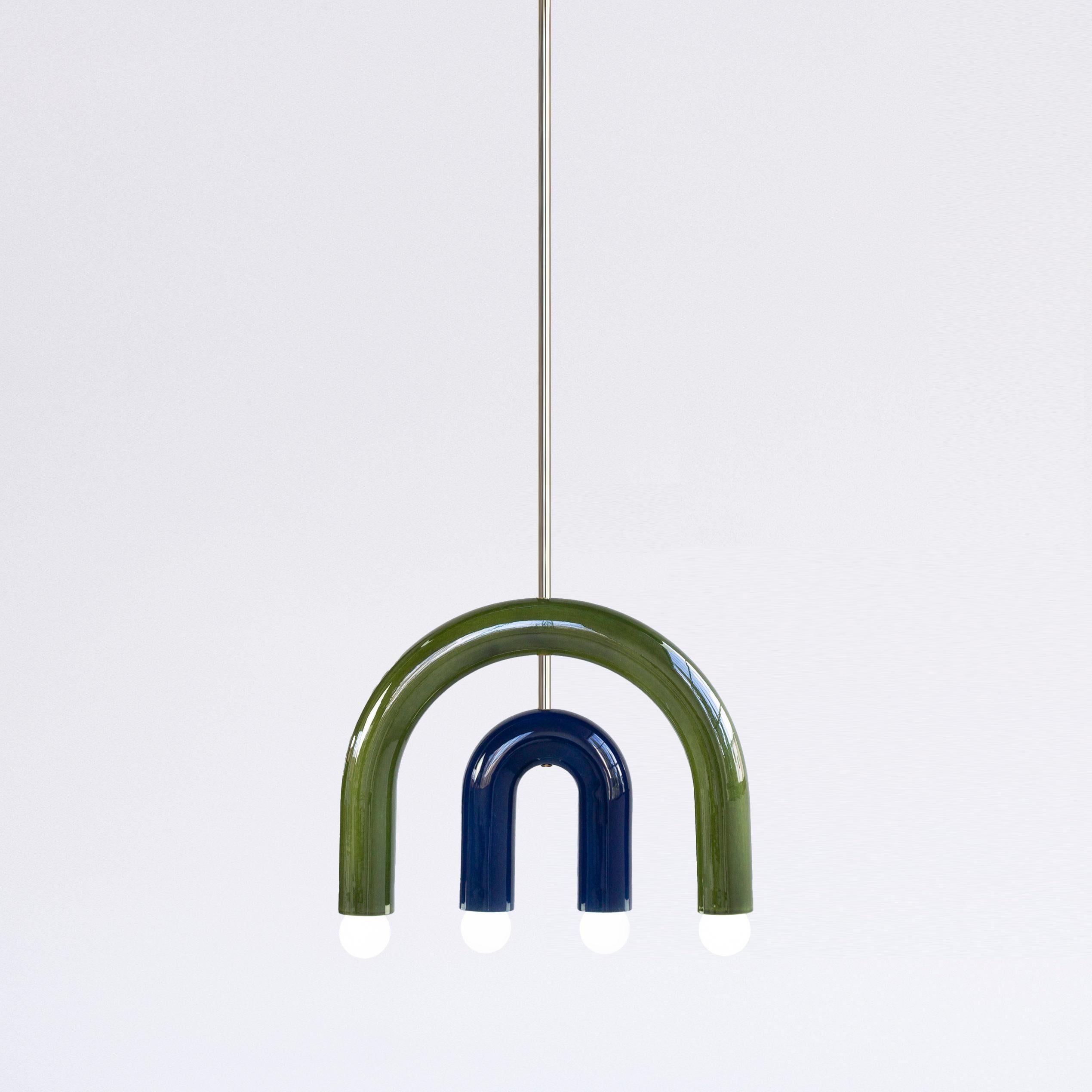 Brass Ceramic Pendant Lamp TRN C1 Green & Steel Blue, Silver Finish by Pani Jurek For Sale