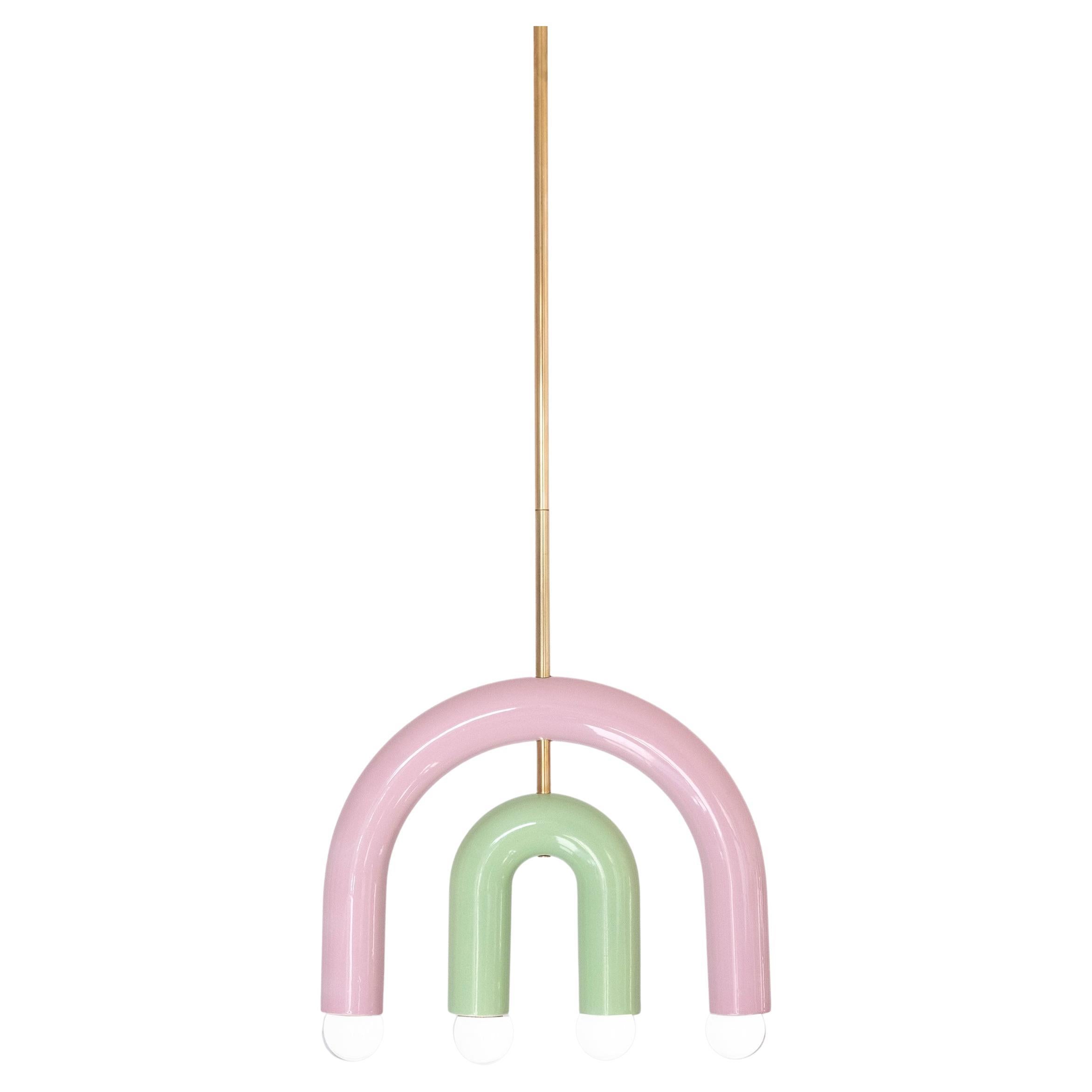 TRN C1 Pendant lamp / ceiling lamp / chandelier 
Designer: Pani Jurek

Model shown: TRN C1, Pistachio, Pink, Brass rod 
Dimensions: H 27.5 x 35 x 5 cm

Bulb (not included): E27/E26, compatible with US electric system

Materials: Hand glazed ceramic