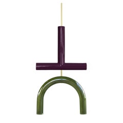 Ceramic Pendant Lamp 'TRN C2' by Pani Jurek, Brass Rod, Aubergine & Green