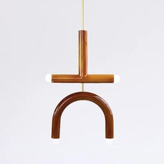 Ceramic Pendant Lamp 'TRN C2' by Pani Jurek, Brass Rod, Ochre & Brown