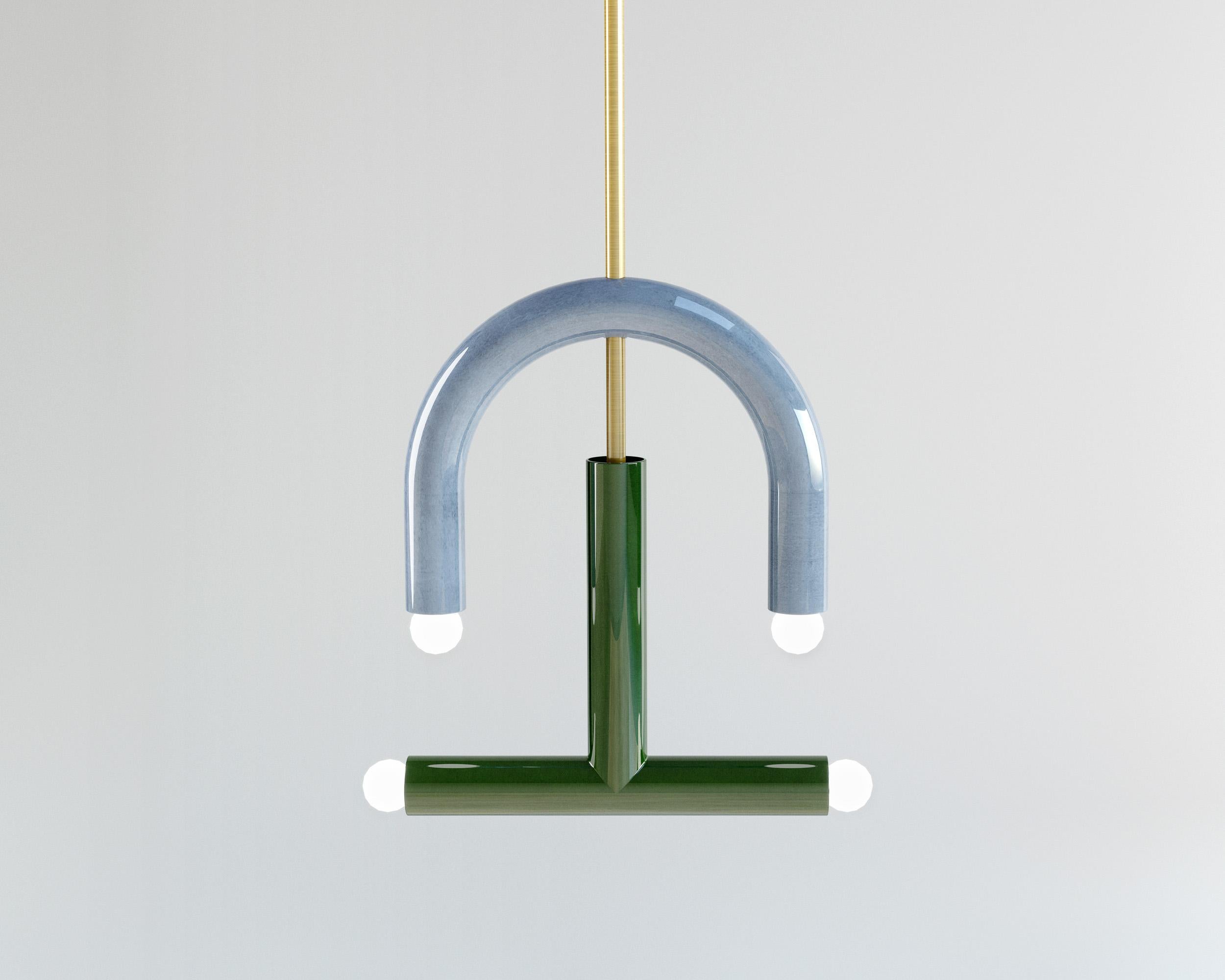 TRN C3 Pendant lamp / ceiling lamp / chandelier 
Designer: Pani Jurek

Dimensions: H 45 x 35 x 5 cm
Model shown: Blue & green 

Bulb (not included): E27/E26, compatible with US electric system

Materials: Hand glazed ceramic and brass
Rod: brass,