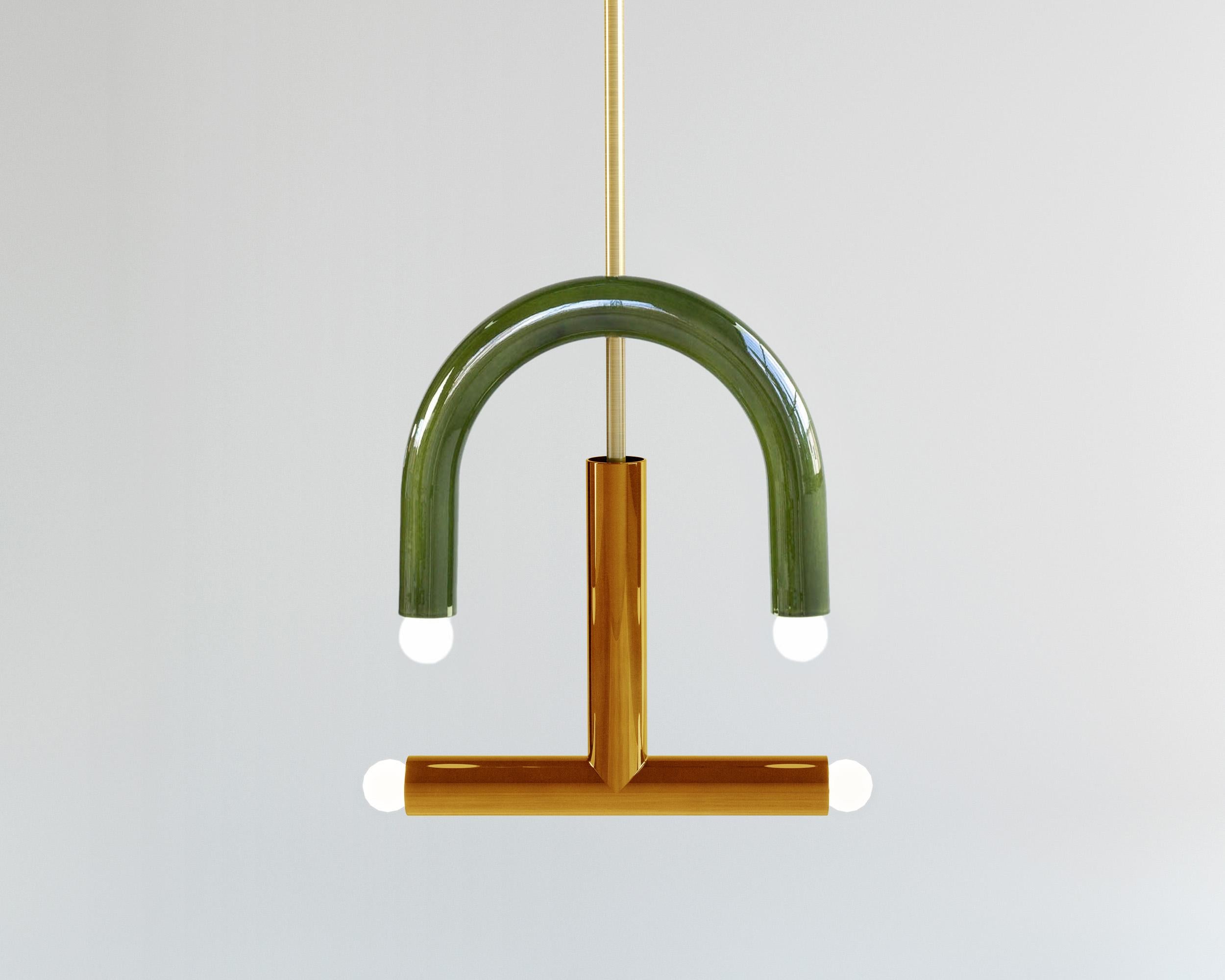 TRN C3 Pendant lamp / ceiling lamp / chandelier 
Designer: Pani Jurek

Dimensions: H 45 x 35 x 5 cm

Bulb (not included): E27/E26, compatible with US electric system

Materials: Hand glazed ceramic and brass
Rod: brass, length made to order -