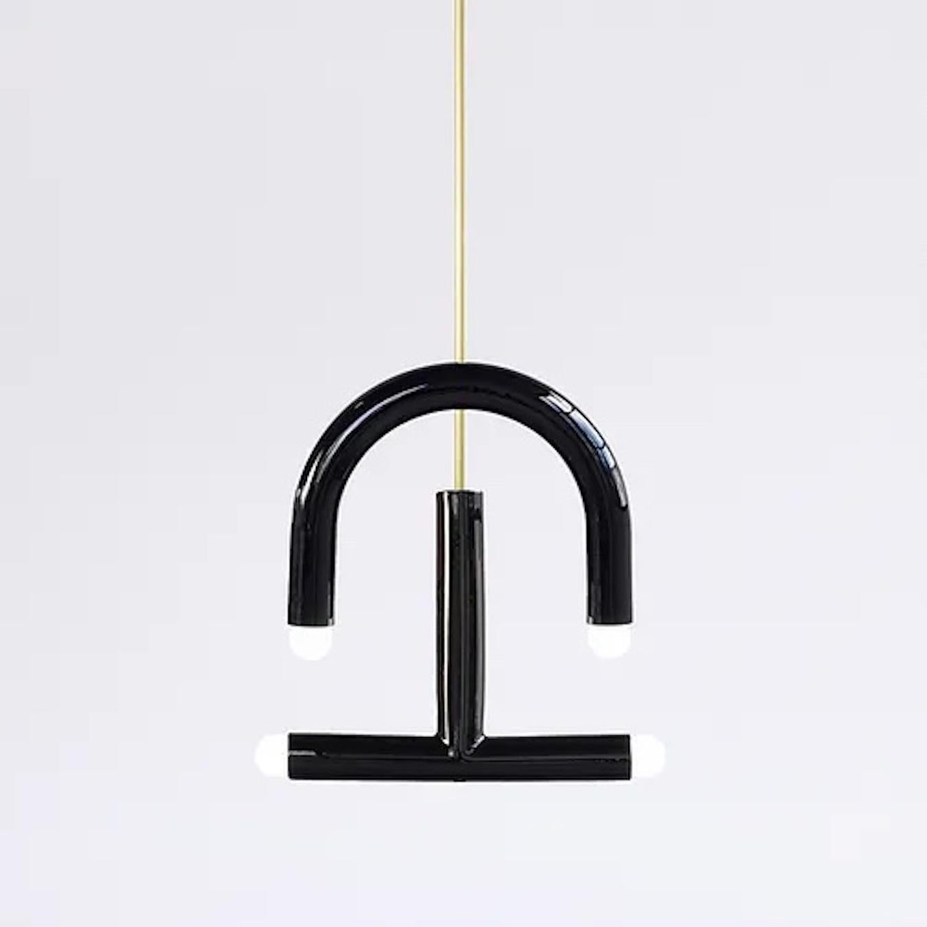 Organic Modern Ceramic Pendant Lamp 'TRN C3' by Pani Jurek, Ochre & Steel Blue, Silver Rod For Sale
