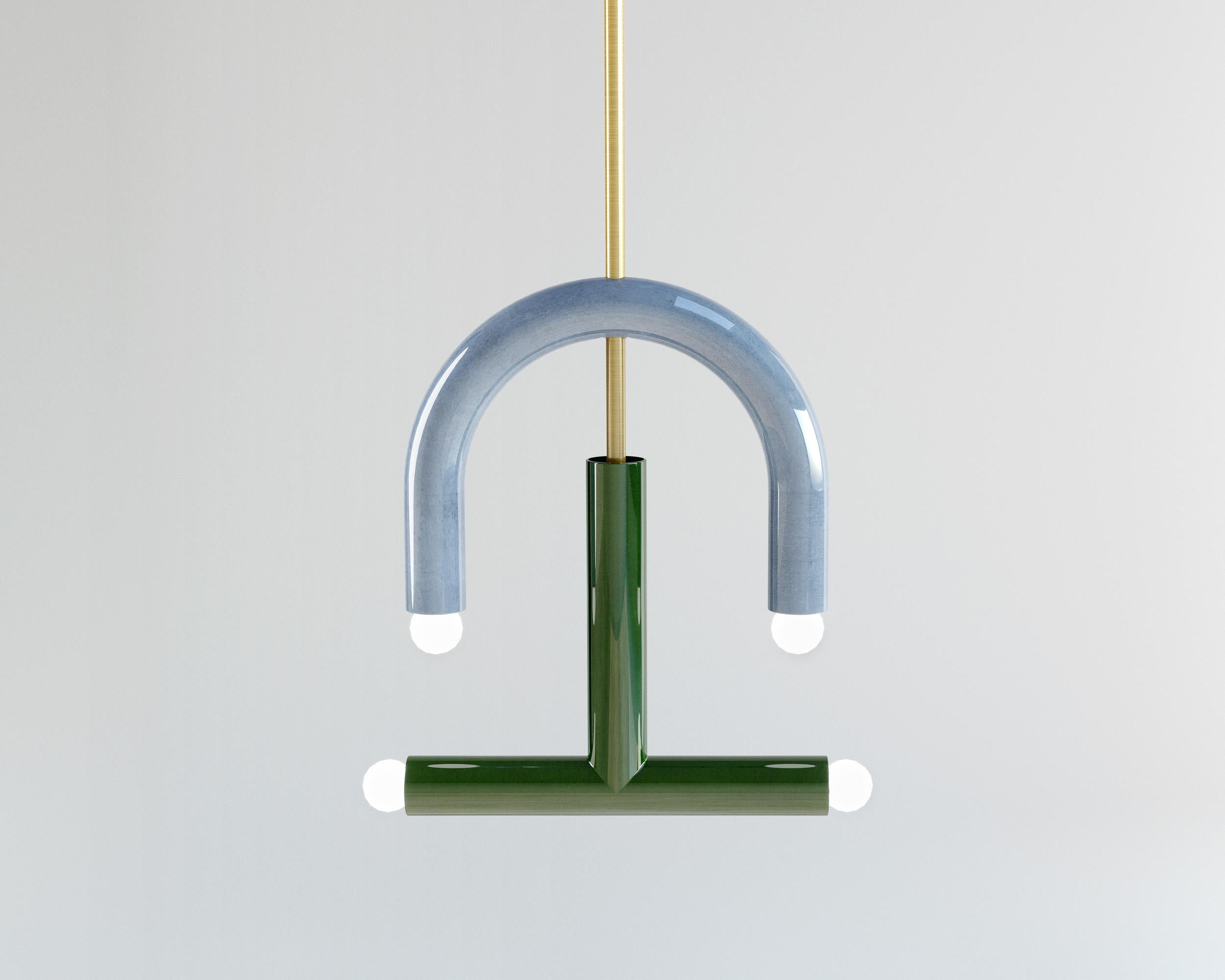 Glazed Ceramic Pendant Lamp 'TRN C3' by Pani Jurek, Ochre & Steel Blue, Silver Rod For Sale