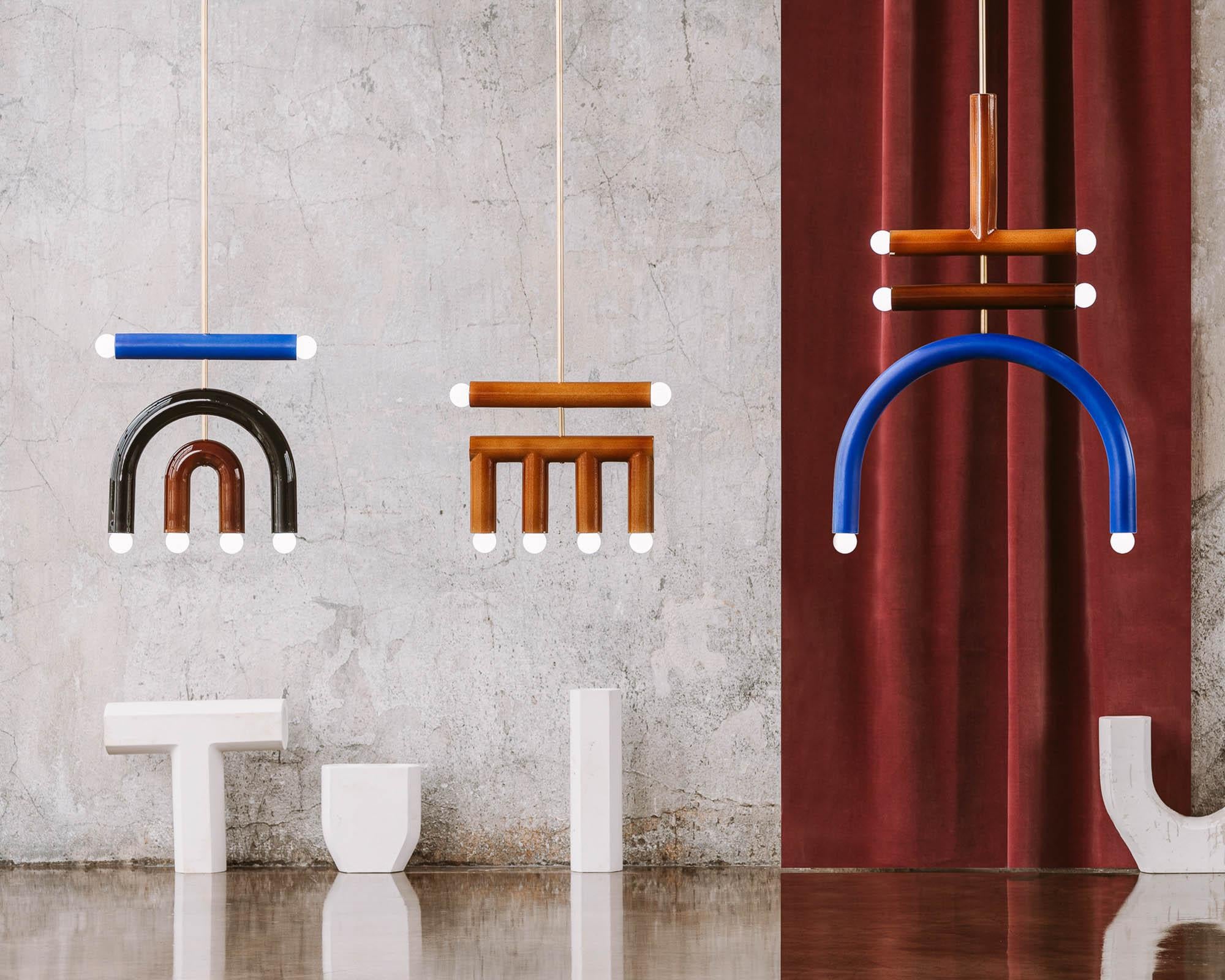 Brass Ceramic Pendant Lamp 'TRN C3' by Pani Jurek, Ochre & Steel Blue, Silver Rod For Sale
