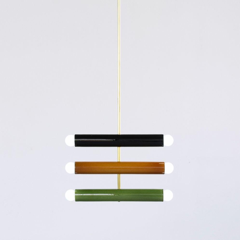 Organic Modern Ceramic Pendant Lamp 'TRN C4' by Pani Jurek, Brass Rod, Black, Ochre & Green For Sale