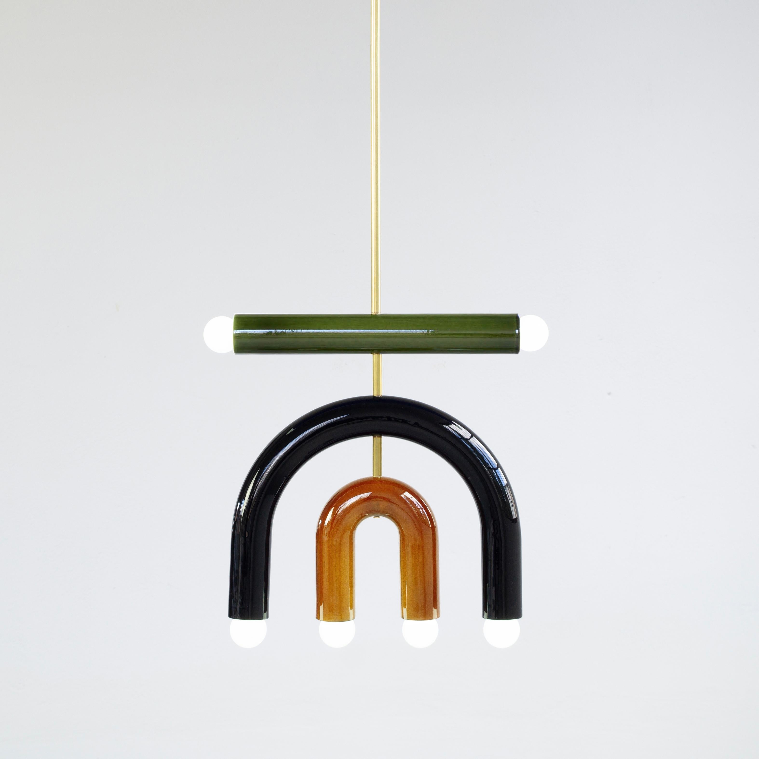 Glazed Ceramic Pendant Lamp 'TRN D1' by Pani Jurek, Brass Rod, Black, Green & Ochre For Sale