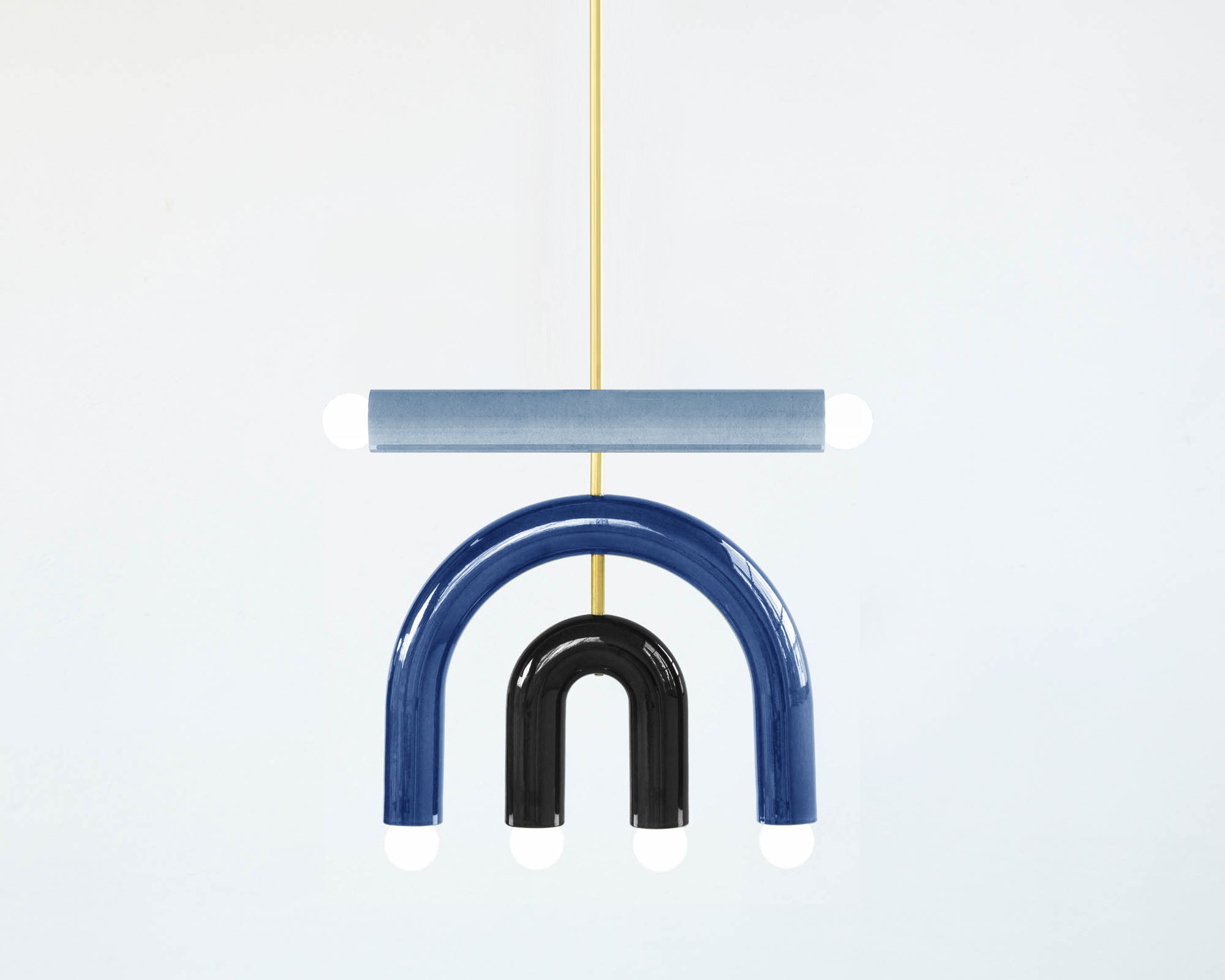 Contemporary Ceramic Pendant Lamp 'TRN D1' by Pani Jurek, Brass Rod, Black, Ochre, Blue For Sale