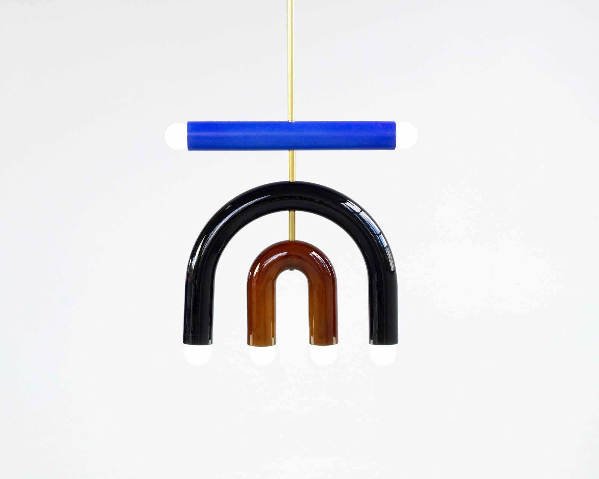 Ceramic Pendant Lamp TRN D1 BY Pani Jurek, Brass Rod, Blue and Ochre For Sale 4