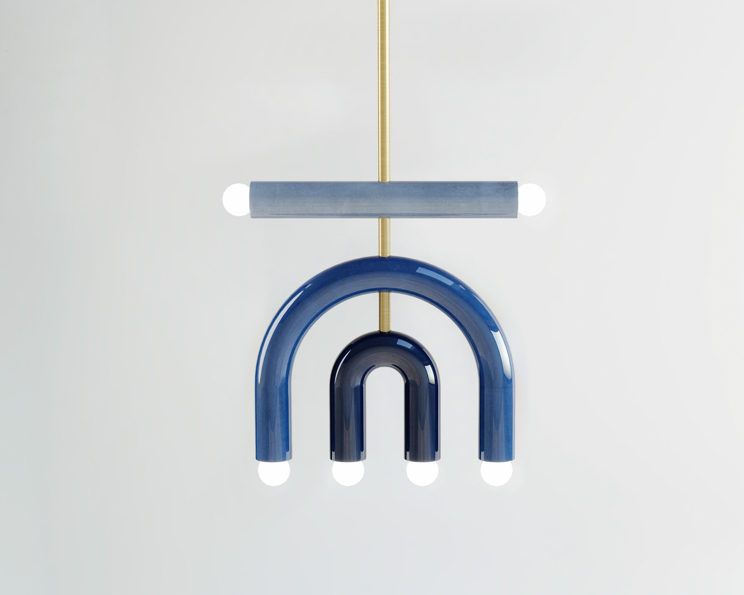 Ceramic Pendant Lamp TRN D1 BY Pani Jurek, Brass Rod, Blue and Ochre For Sale 2