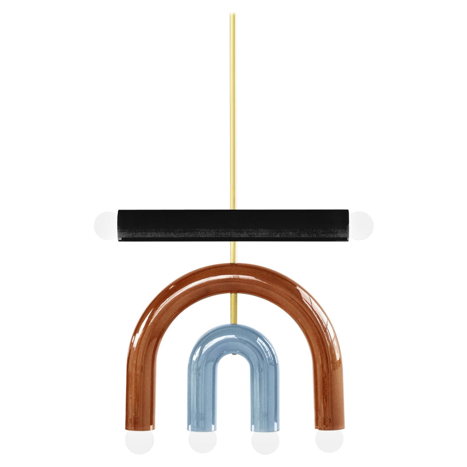 TRN D1 Pendant lamp / ceiling lamp / chandelier 
Designer: Pani Jurek

Model shown: TRN D1, Brown, Medium blue, Brown, Brass rod
Dimensions: H 37.5 x 35 x 5 cm

Bulb (not included): E27/E26, compatible with US electric system

Materials: Hand glazed