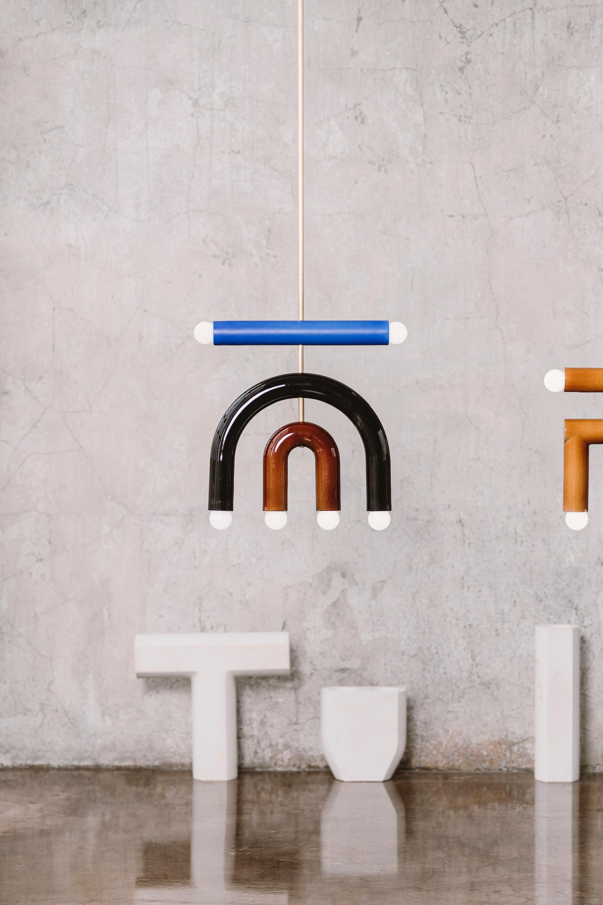 Organic Modern Ceramic Pendant Lamp 'TRN D1' by Pani Jurek, Brass Rod, Brown & Blue For Sale