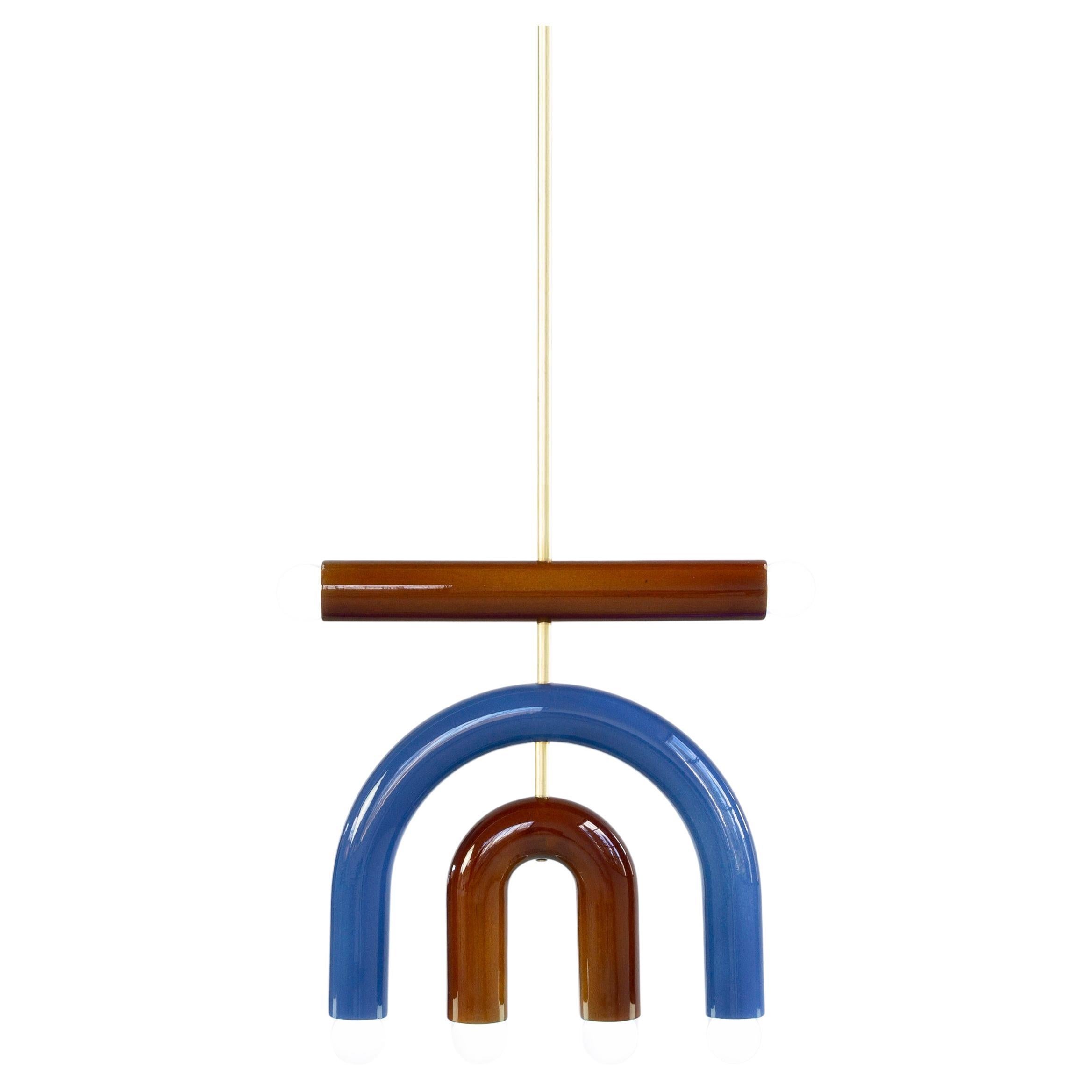 Ceramic Pendant Lamp 'TRN D1' by Pani Jurek, Brass Rod, Brown & Blue