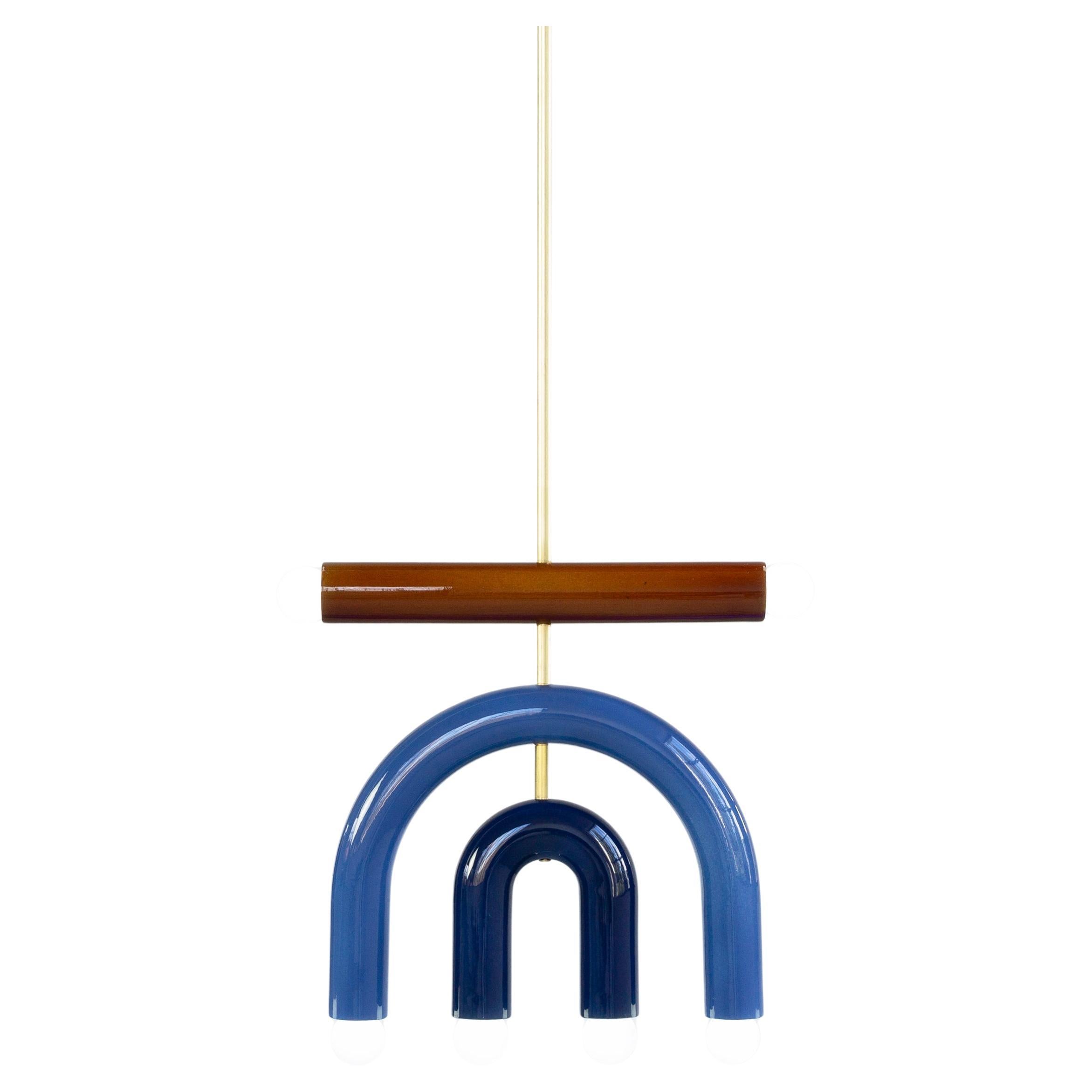 TRN D1 Pendant lamp / ceiling lamp / chandelier 
Designer: Pani Jurek

Model shown: Brown, Light blue, Brown, Brass rod
Dimensions: H 37.5 x 35 x 5 cm

Bulb (not included): E27/E26, compatible with US electric system

Materials: Hand glazed ceramic