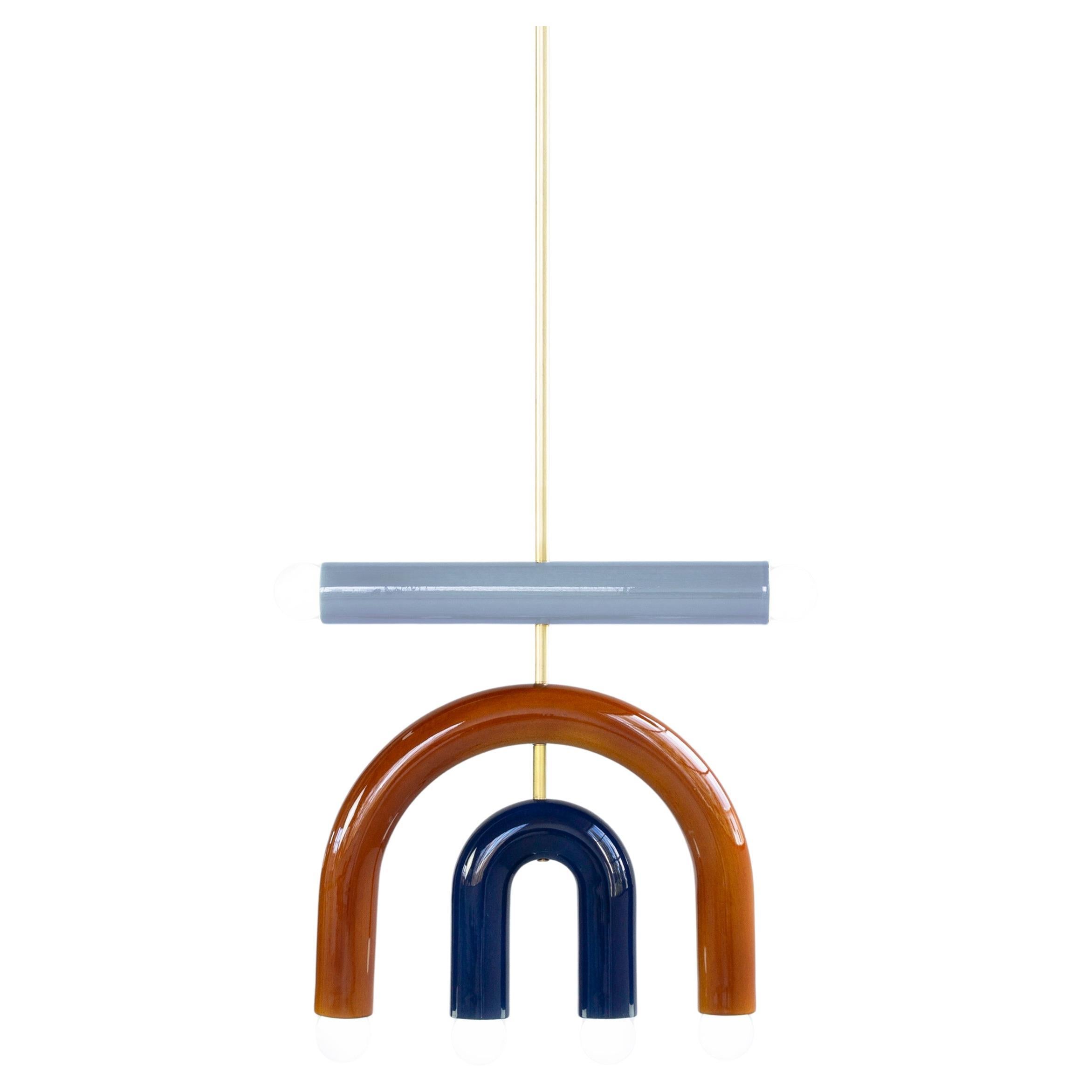 TRN D1 Pendant lamp / ceiling lamp / chandelier 
Designer: Pani Jurek

Model shown: TRN D1, Brown, Mellow yellow, Lilac, Brass rod
Dimensions: H37.5 x 35 x 5 cm

Bulb (not included): E27/E26, compatible with US electric system

Materials: Hand