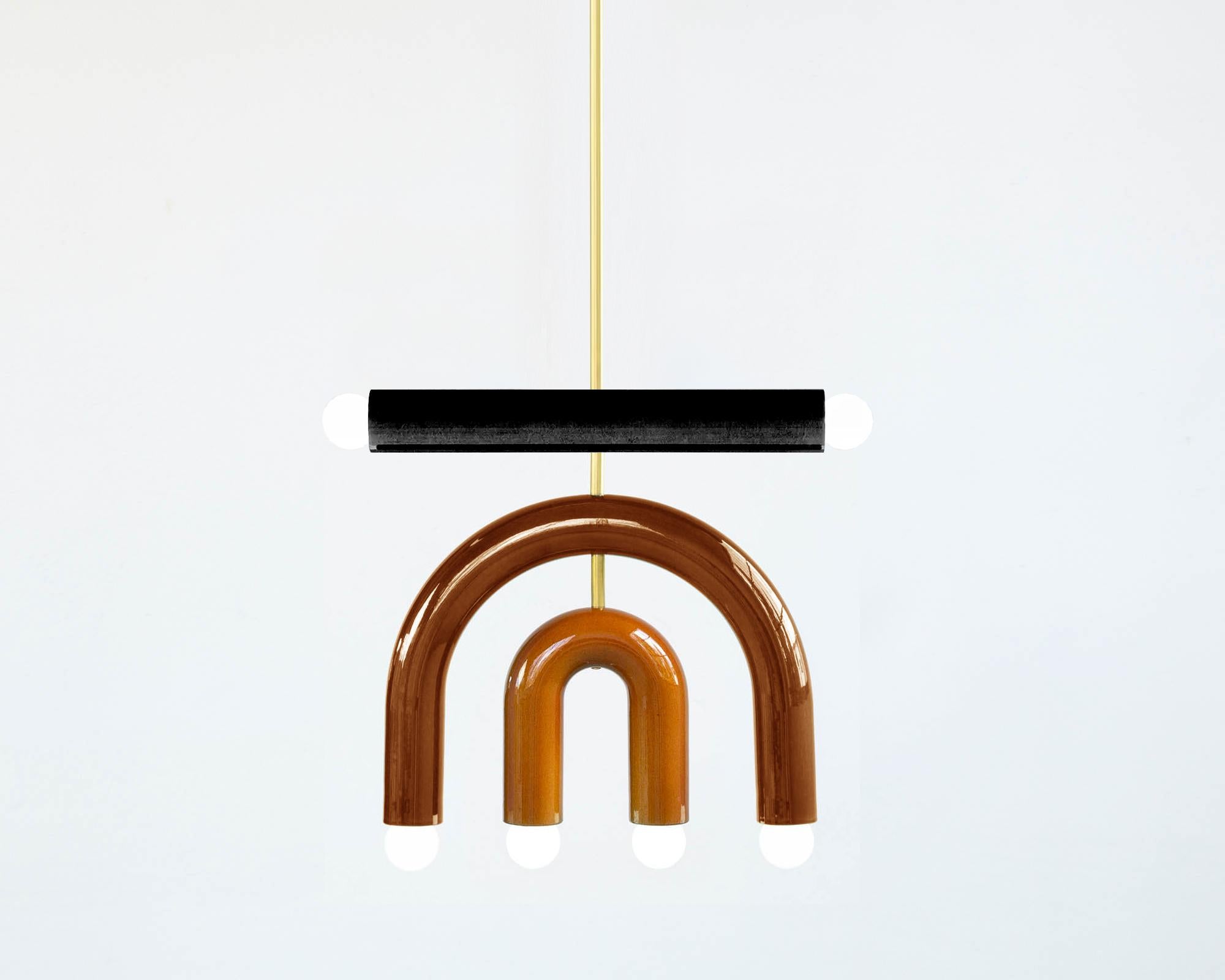 Contemporary Ceramic Pendant Lamp 'TRN D1' by Pani Jurek, Brass Rod, Green +Brown For Sale