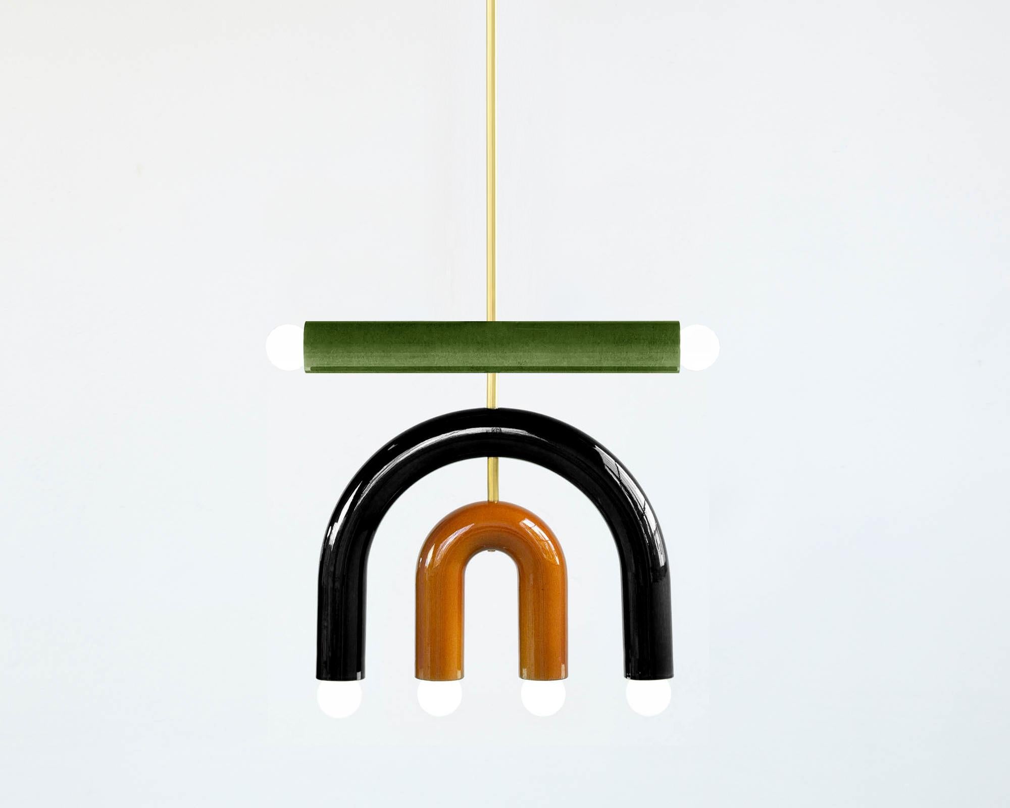 Ceramic Pendant Lamp 'TRN D1' by Pani Jurek, Brass Rod, Green +Brown For Sale 1