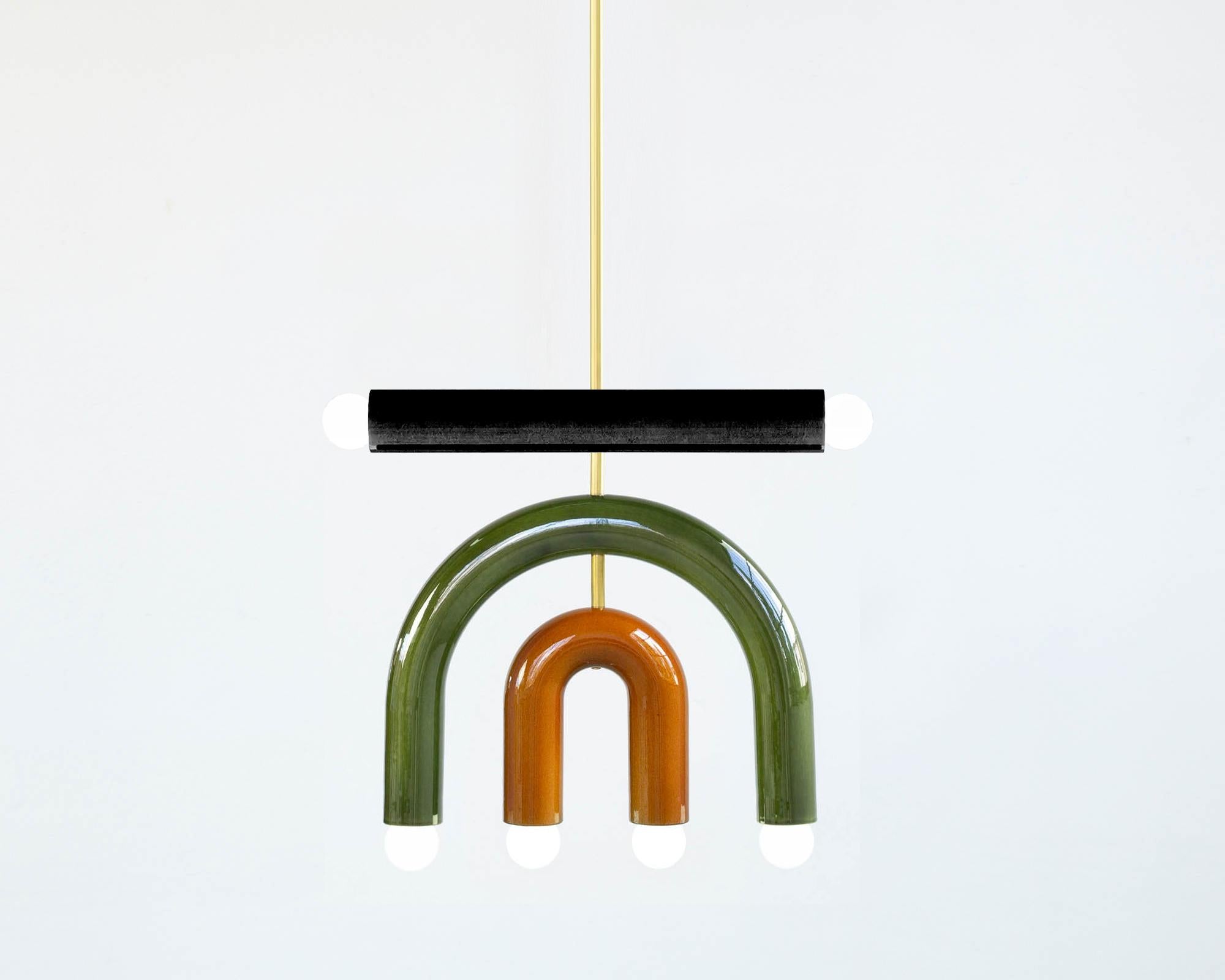 Ceramic Pendant Lamp 'TRN D1' by Pani Jurek, Brass Rod, Green +Brown For Sale 2