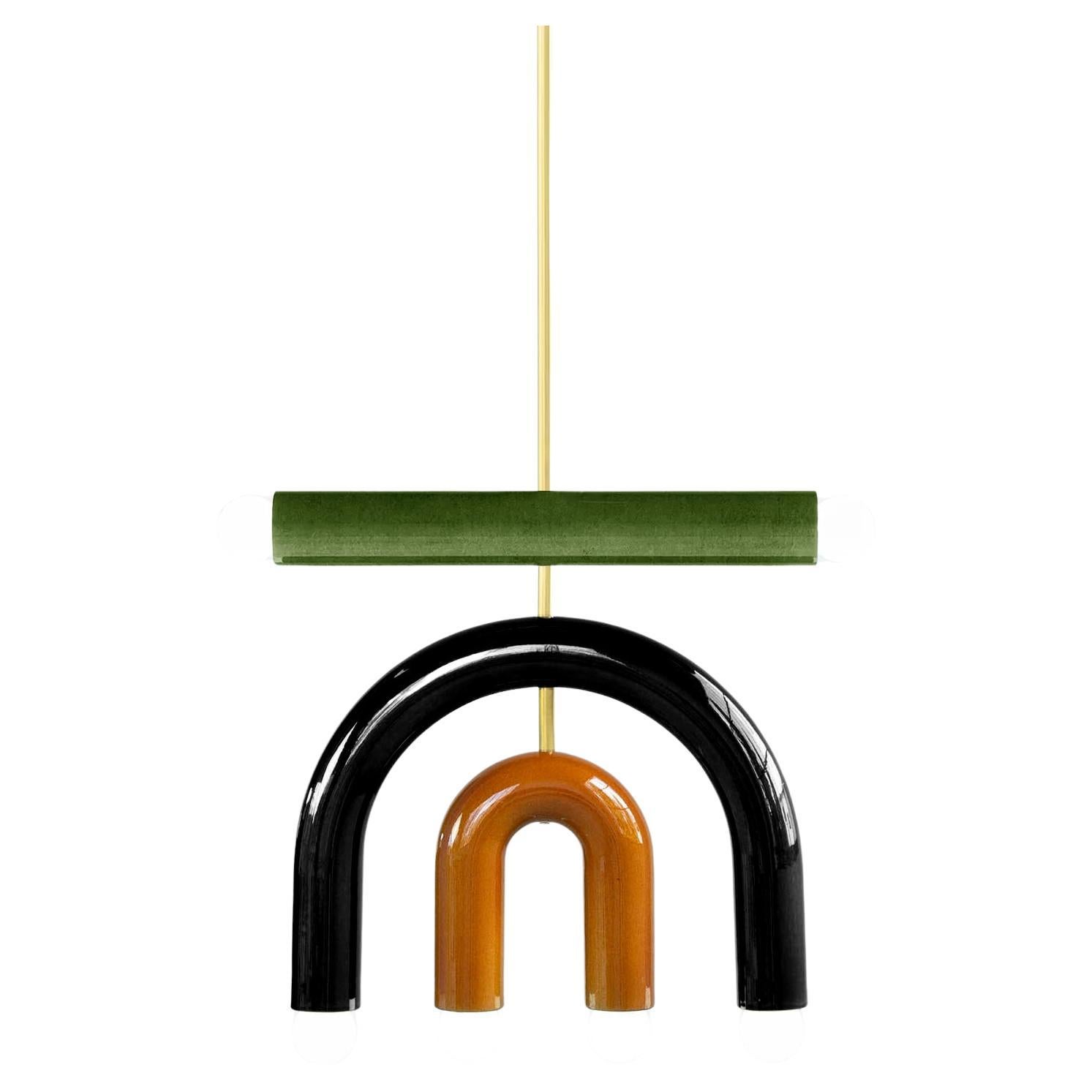Ceramic Pendant Lamp 'TRN D1' by Pani Jurek, Brass Rod, Green, Black & Ochre For Sale