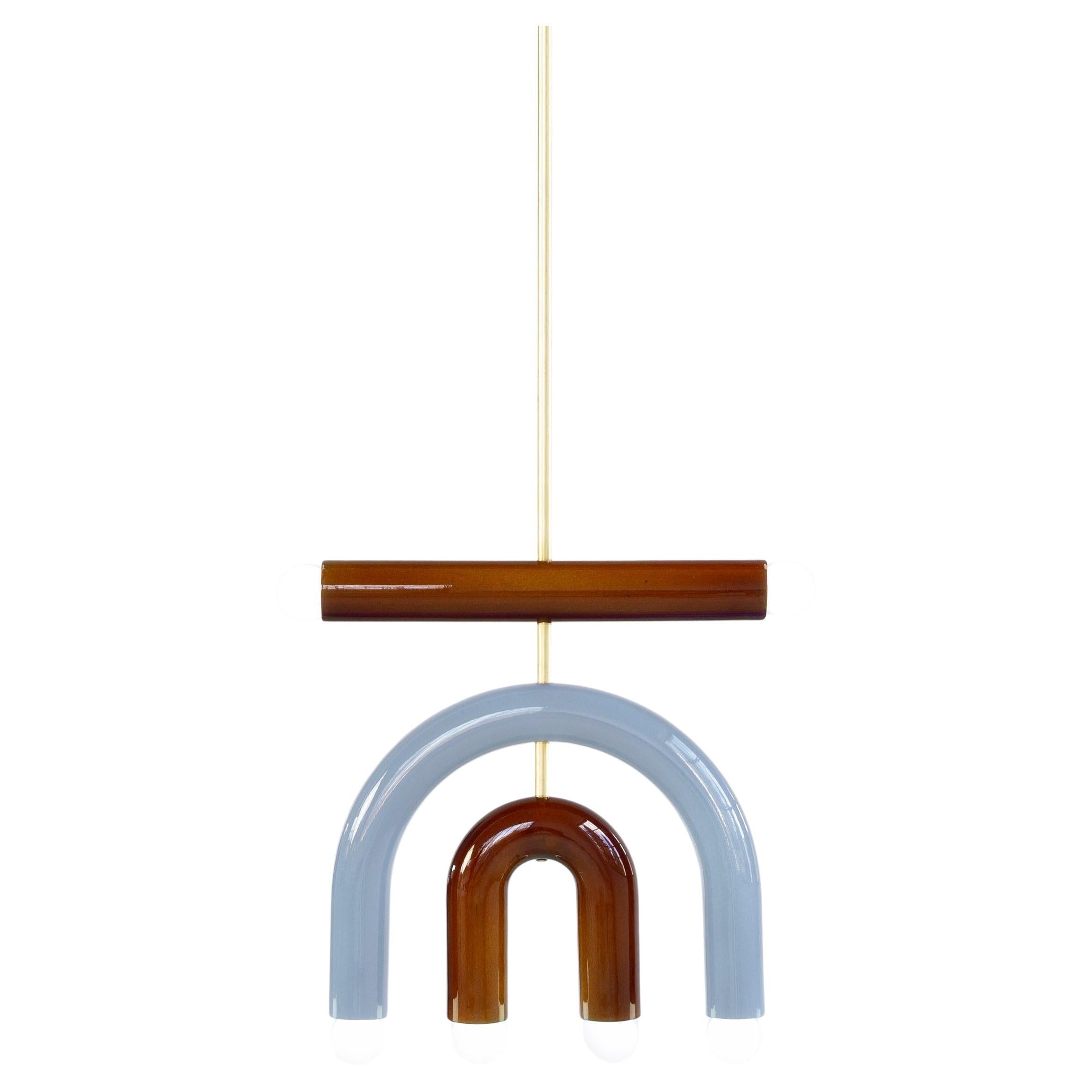 TRN D1 Pendant lamp / ceiling lamp / chandelier 
Designer: Pani Jurek

Model shown: TRN D1, Green, Light blue, Brown, Brass rod 
Dimensions: H 37.5 x 35 x 5 cm

Bulb (not included): E27/E26, compatible with US electric system

Materials: Hand glazed