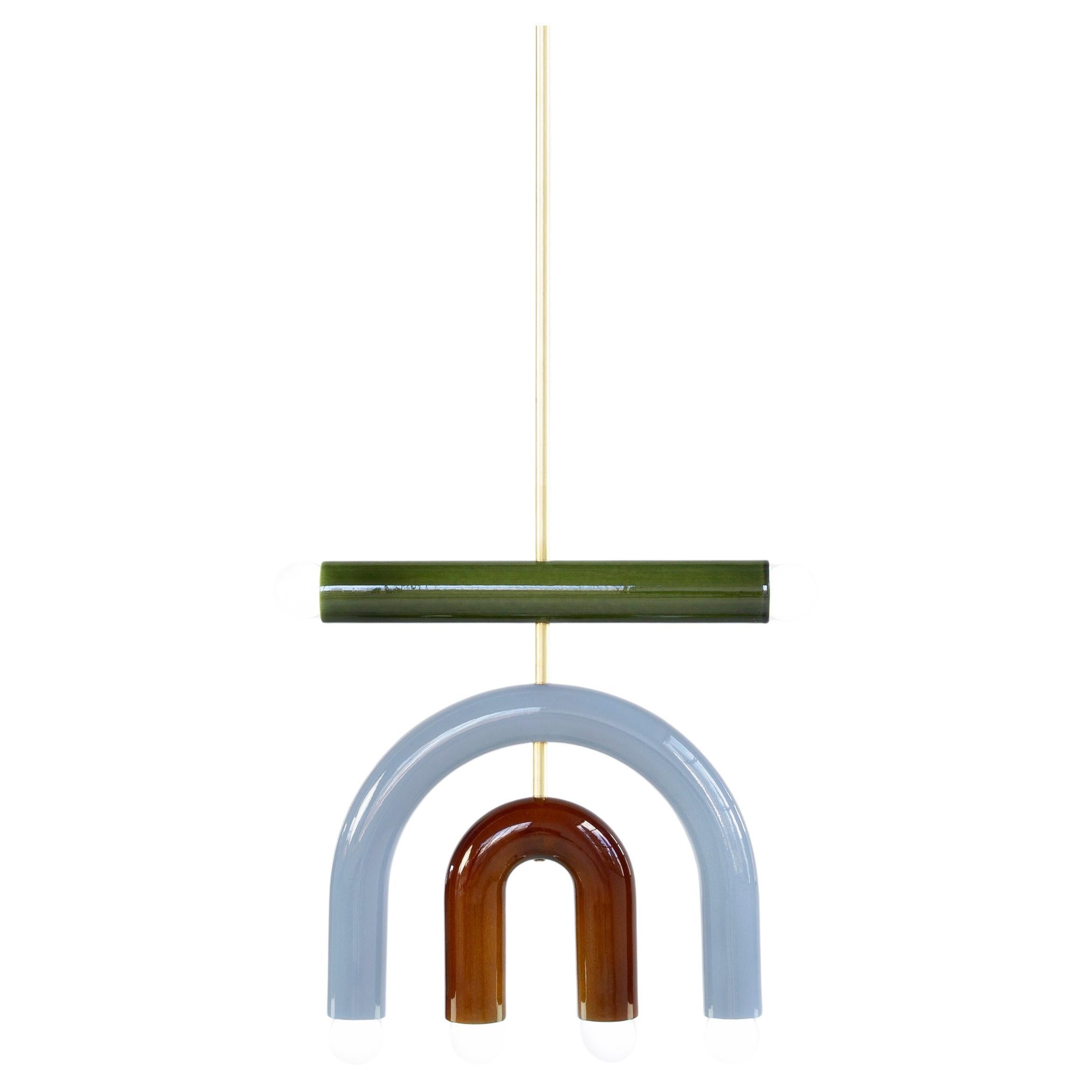 Ceramic Pendant Lamp 'TRN D1' by Pani Jurek, Brass Rod, Green, Blue &  Brown