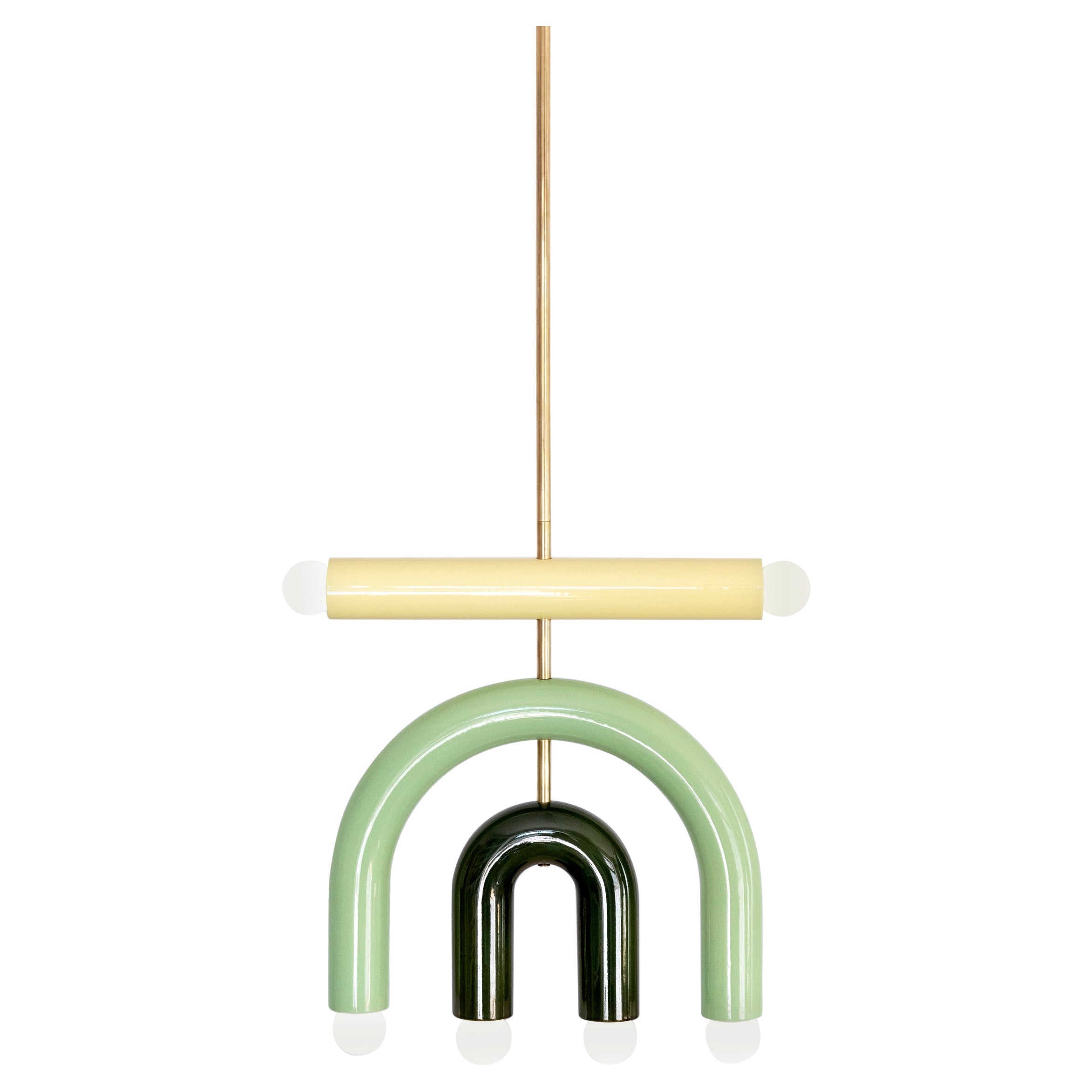 TRN D1 Pendant lamp / ceiling lamp / chandelier 
Designer: Pani Jurek

Dimensions: H 37.5 x 35 x 5 cm
Model shown: Ochre

Bulb (not included): E27/E26, compatible with US electric system

Materials: Hand glazed ceramic and brass
Rod: brass, length