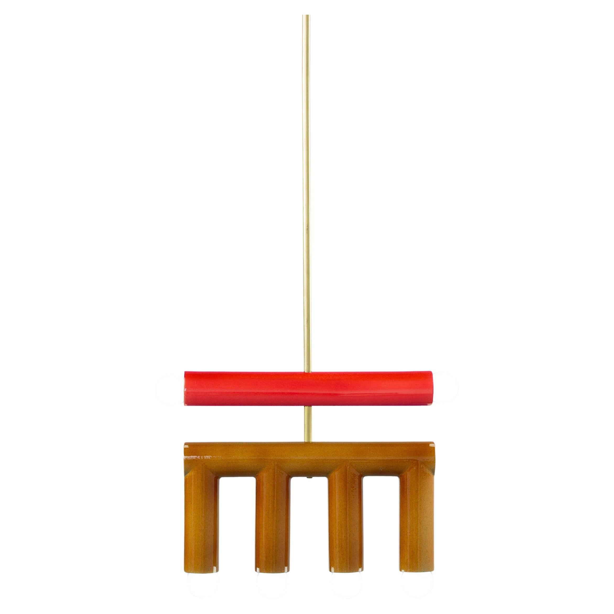 TRN D2 Pendant lamp / ceiling lamp / chandelier 
Designer: Pani Jurek

Model shown: Ochre, Red, Brass rod
Dimensions: H. 28 x 35 x 5 cm

Bulb (not included): E27/E26, compatible with US electric system

Materials: Hand glazed ceramic and brass
Rod: