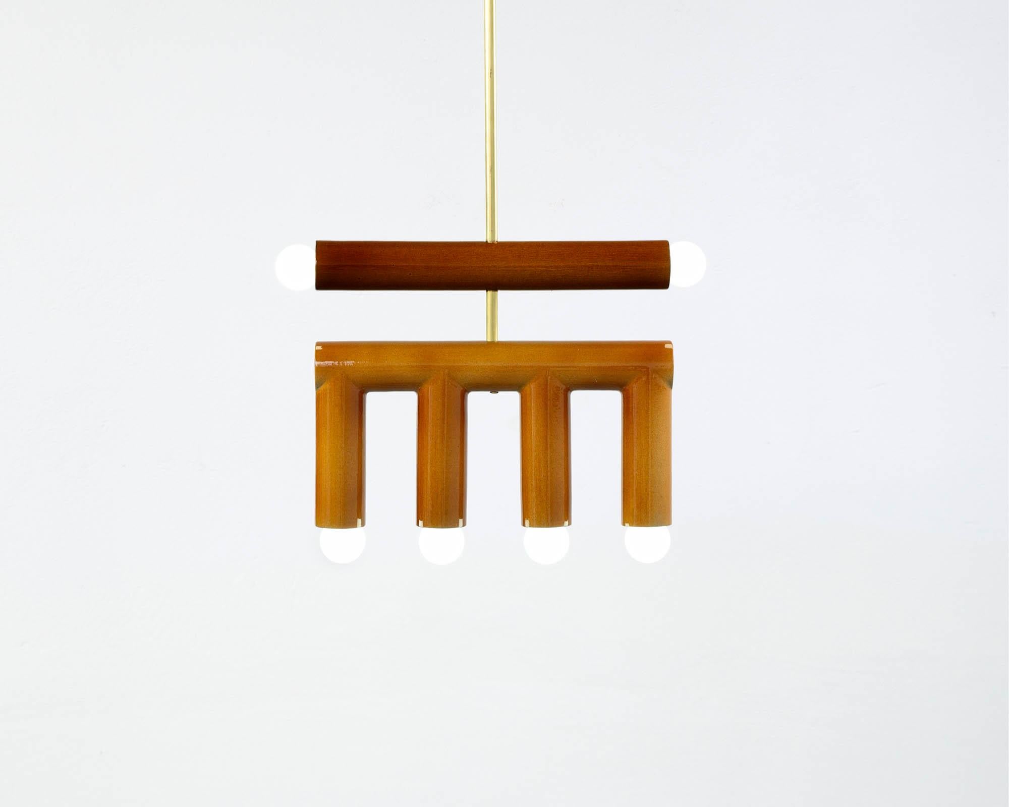 Organic Modern Ceramic Pendant Lamp 'TRN D2' by Pani Jurek, Brass Rod, Ochre & Red For Sale