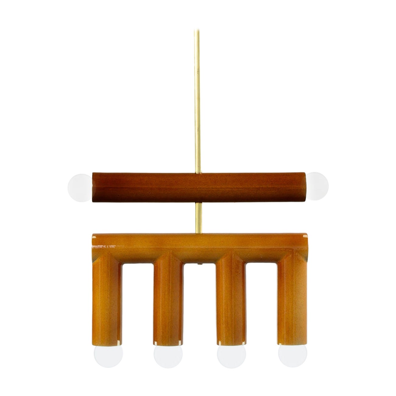 TRN D2 Pendant lamp / ceiling lamp / chandelier 
Designer: Pani Jurek

Model shown: TRN D2, Red, Ochre, Brass rod
Dimensions: H. 28 x 35 x 5 cm

Bulb (not included): E27/E26, compatible with US electric system

Materials: Hand glazed ceramic and