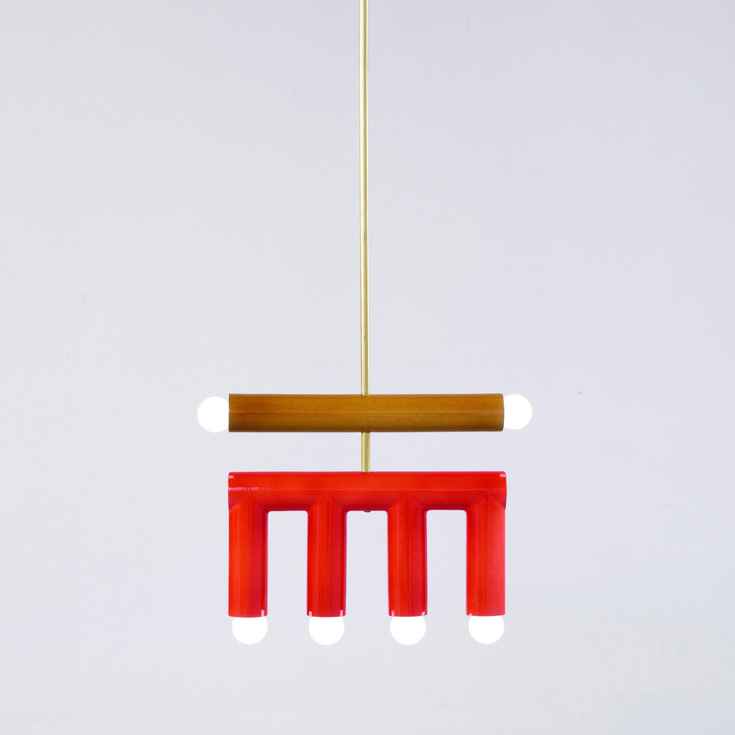 Organic Modern Ceramic Pendant Lamp 'TRN D2' by Pani Jurek, Brass Rod, Red & Ochre For Sale