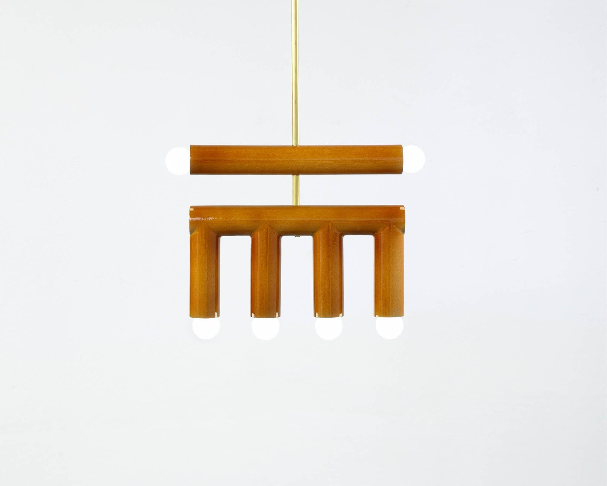 Glazed Ceramic Pendant Lamp 'TRN D2' by Pani Jurek, Brass Rod, Red & Ochre For Sale