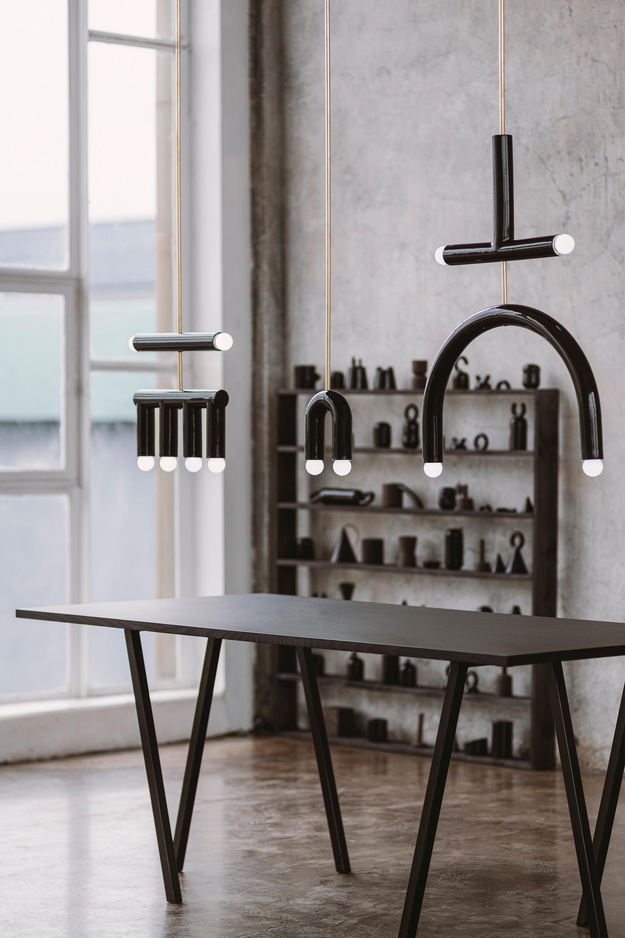 Ceramic Pendant Lamp 'TRN D2' by Pani Jurek, Brass Rod, Red & Ochre For Sale 1