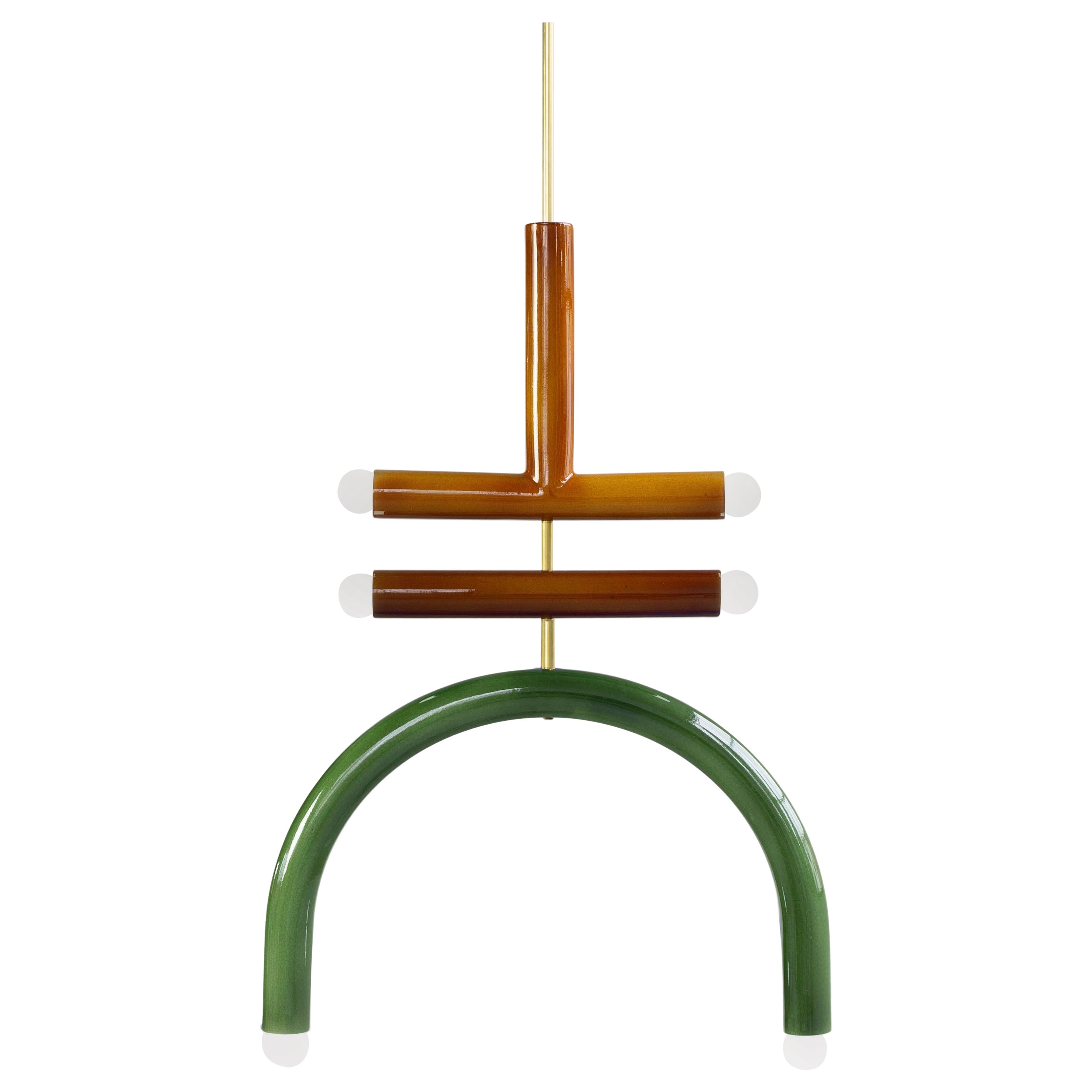 TRN F2 Pendant lamp / ceiling lamp / chandelier.
Designer: Pani Jurek.

Dimensions: H 82.5 x 55 x 5 cm.
Bulb (not included): E27/E26, compatible with US electric system.

- Ochre T
- Brown Bar
- Green Arc

Total Height: 54,5'' (= 138,4