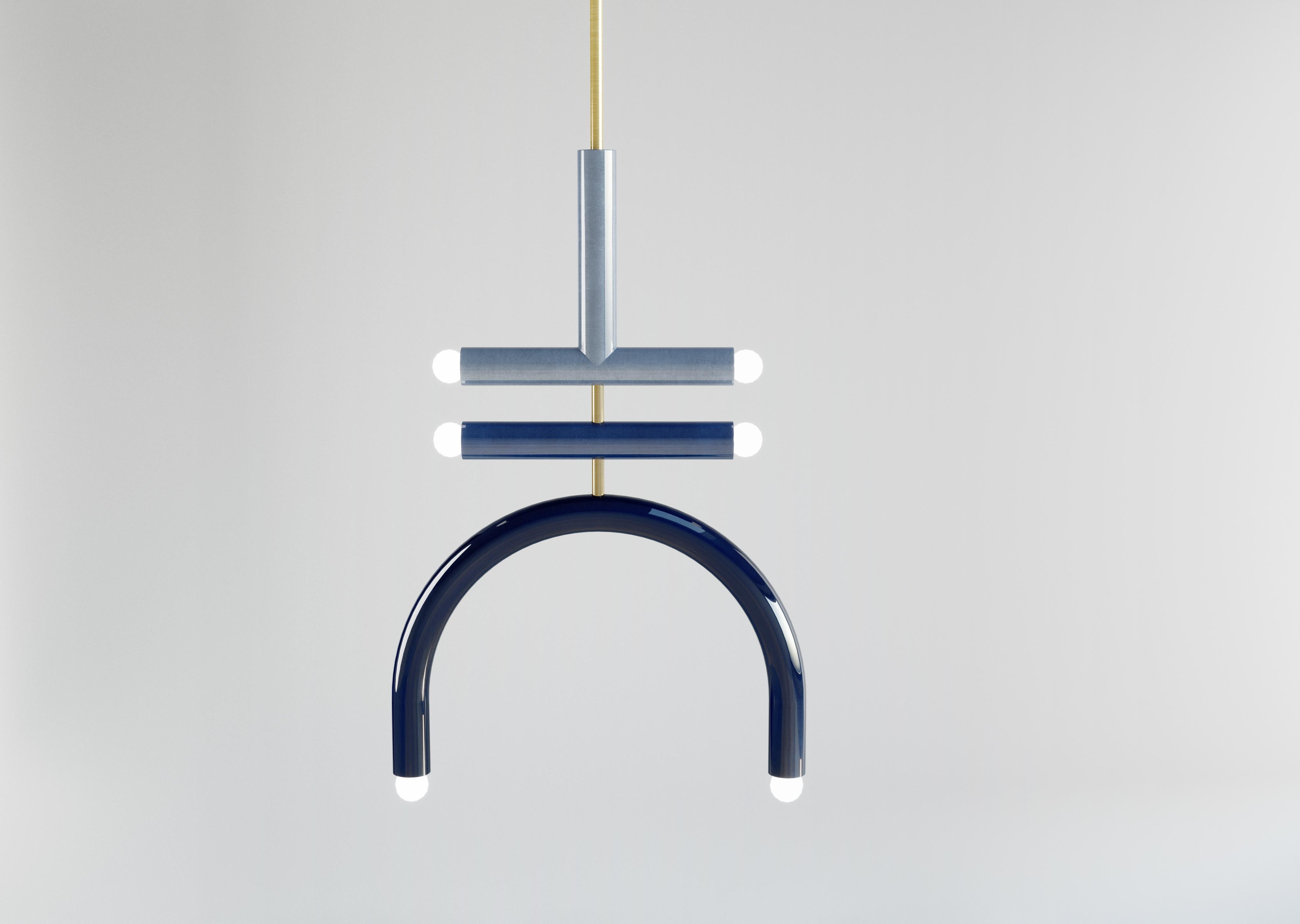 Contemporary Ceramic Pendant Lamp 'TRN F2' by Pani Jurek, Brass Rod, Blue For Sale