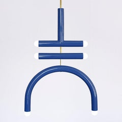 Keramik-Pendelleuchte 'TRN F2' von Pani Jurek, Messingstab, blauer Denim