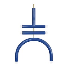 Ceramic Pendant Lamp 'TRN F2' by Pani Jurek, Brass Rod, Blue Denim