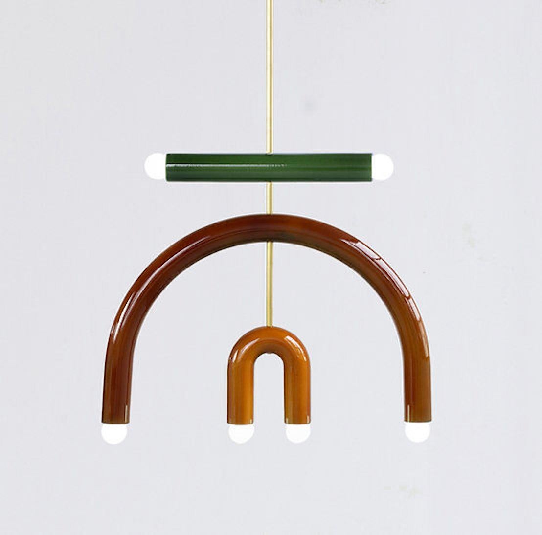 Ceramic Pendant Lamp 'TRN F3' by Pani Jurek, Brass Rod, Green, Brown & Ochre In New Condition For Sale In Paris, FR