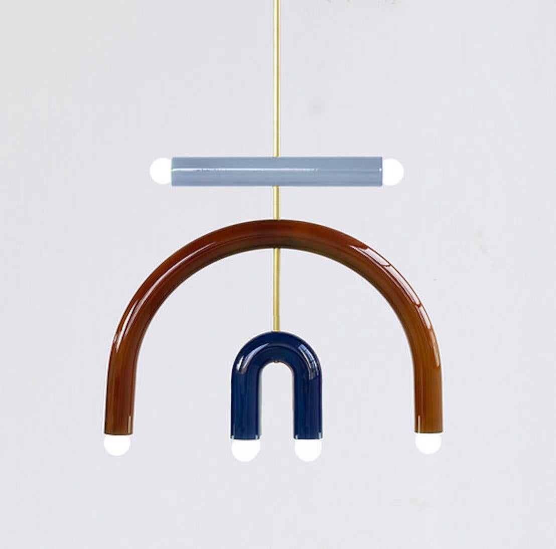 Contemporary Ceramic Pendant Lamp 'TRN F3' by Pani Jurek, Brass Rod, Green, Brown & Ochre For Sale