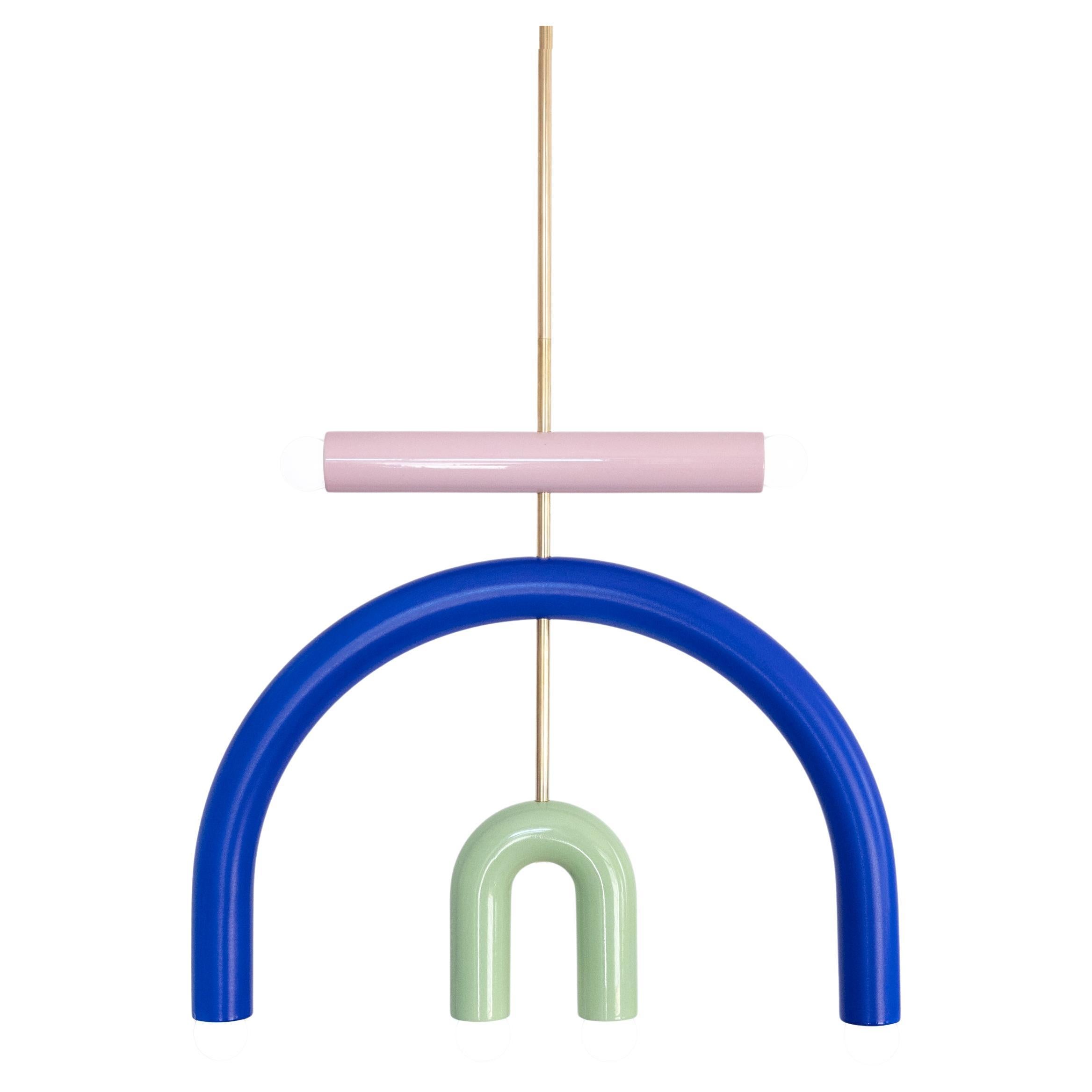 Ceramic Pendant Lamp 'TRN F3' by Pani Jurek, Brass Rod, Pink, Blue & Pistachio