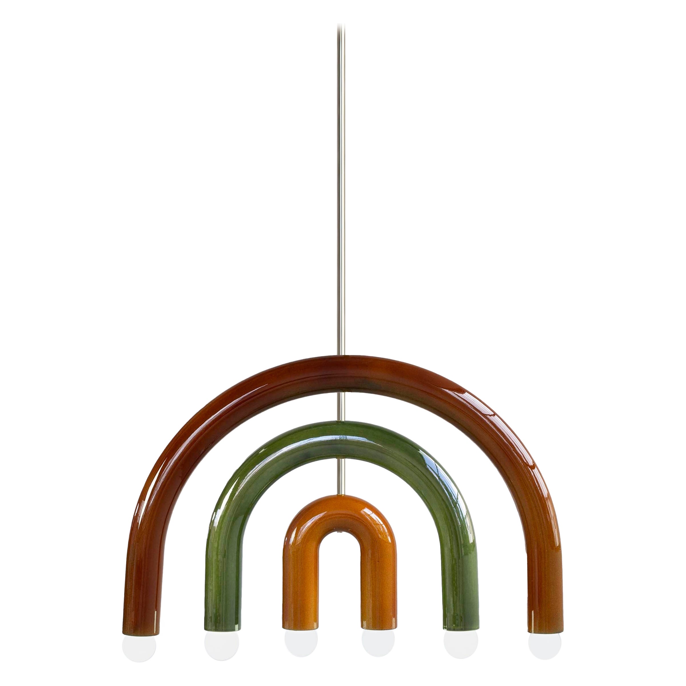 Lámpara colgante de cerámica TRN F1 marrón, verde, ocre en acabado plateado de Pani Jurek en venta