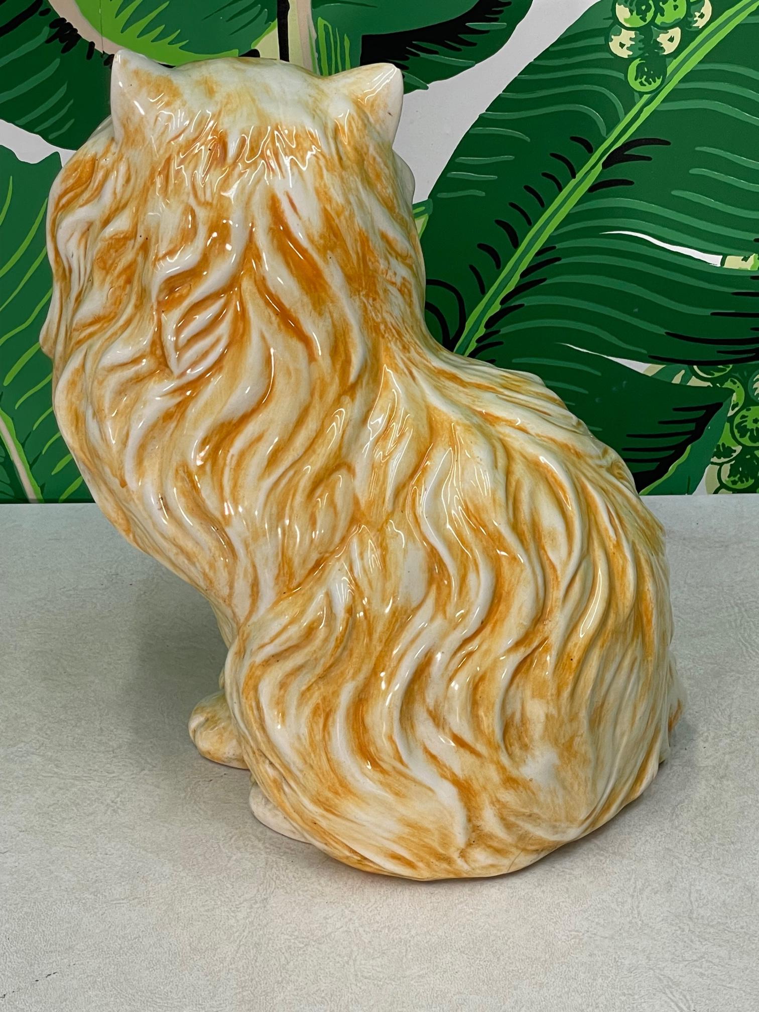 Hollywood Regency Ceramic Persian Tabby Cat Large Mid Century Figurine For Sale
