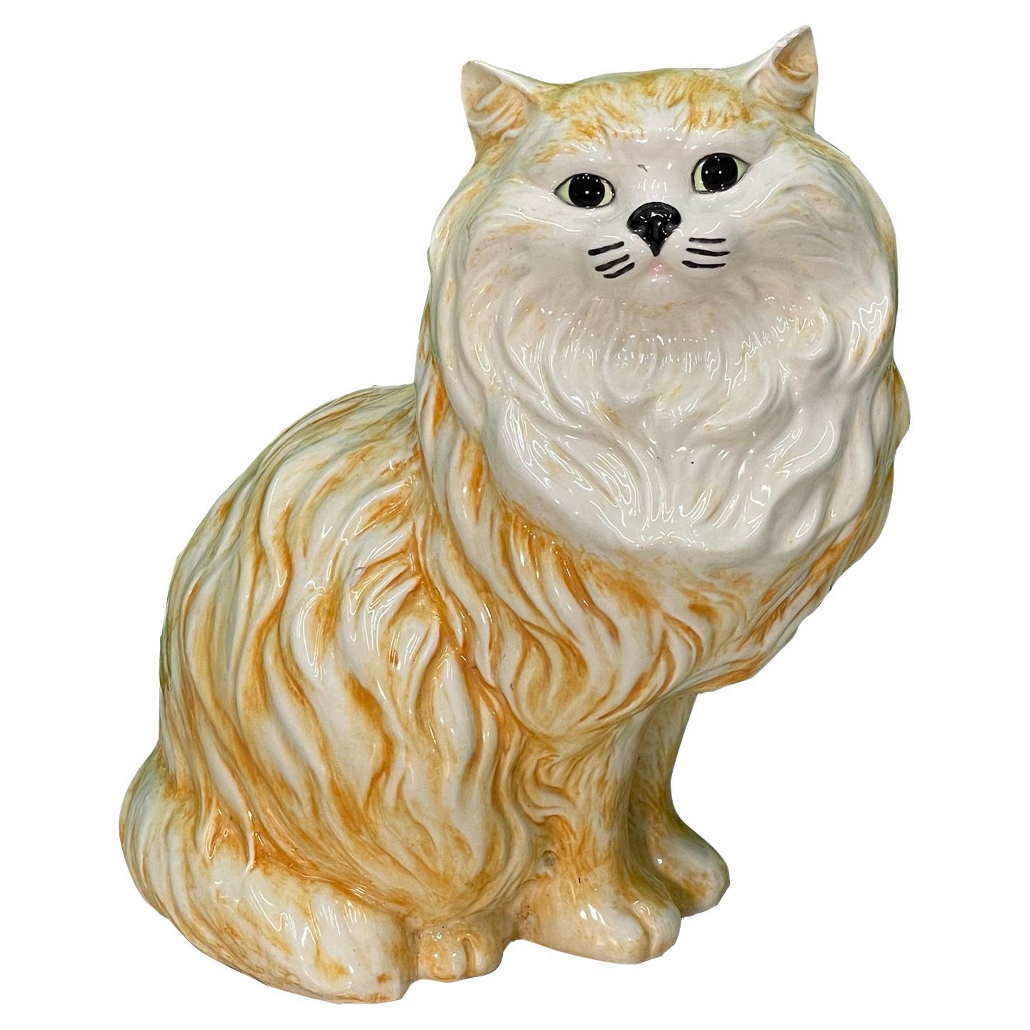 Ceramic Persian Tabby Cat Large Mid Century Figurine For Sale