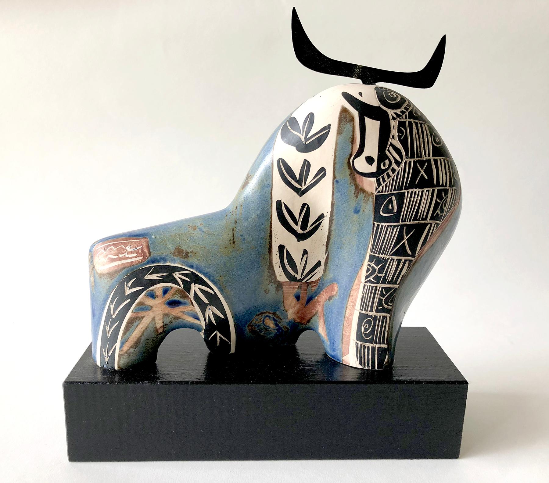Glazed Ceramic Picasso Style Spanish Modernist Abstract Bull Sculpture